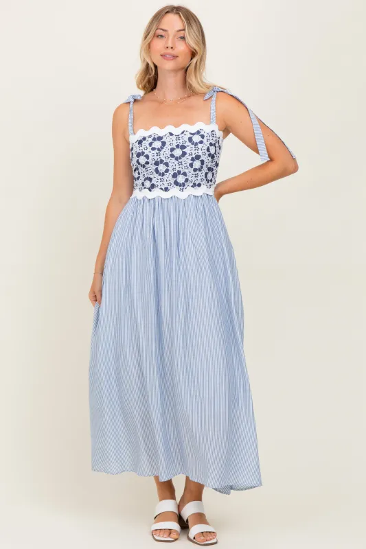 Blue Striped Floral Lace Sleeveless Midi Dress sold by Pinkblush