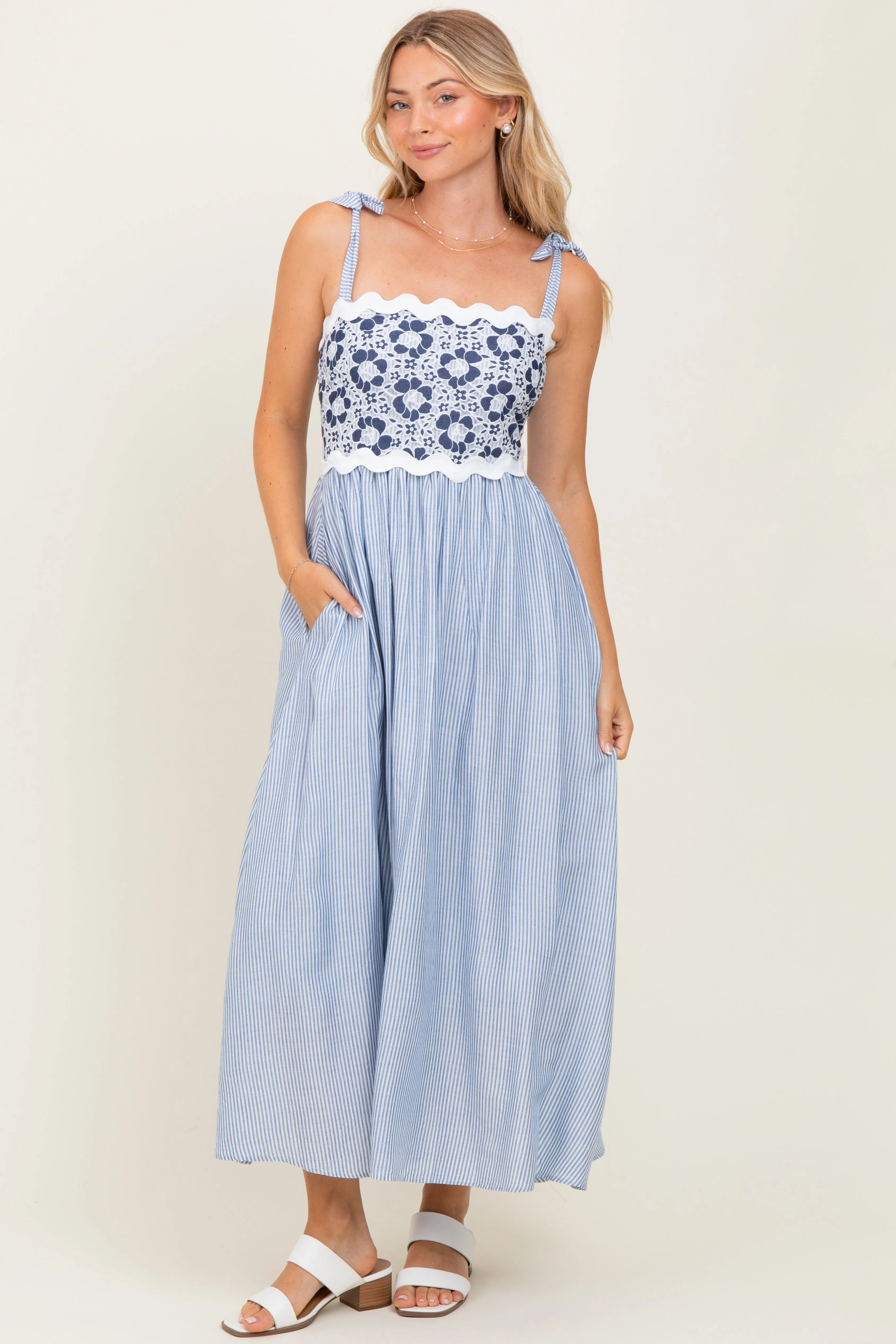 Blue Striped Floral Lace Sleeveless Midi Dress sold by Pinkblush product image thumbnail 2