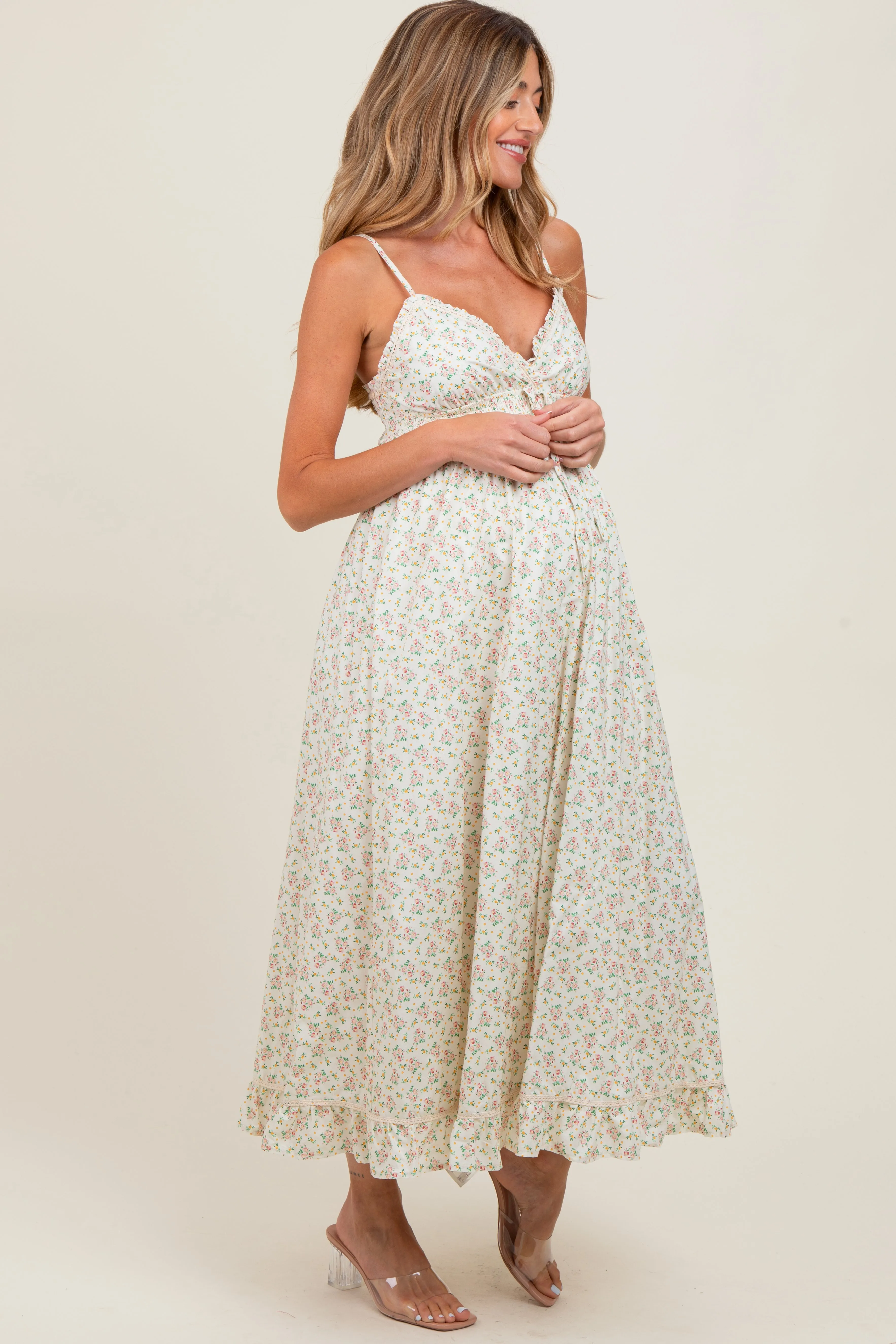 Pink Floral Smocked Waist Ruffle Accent Maternity Midi Dress sold by Pinkblush product image thumbnail 3