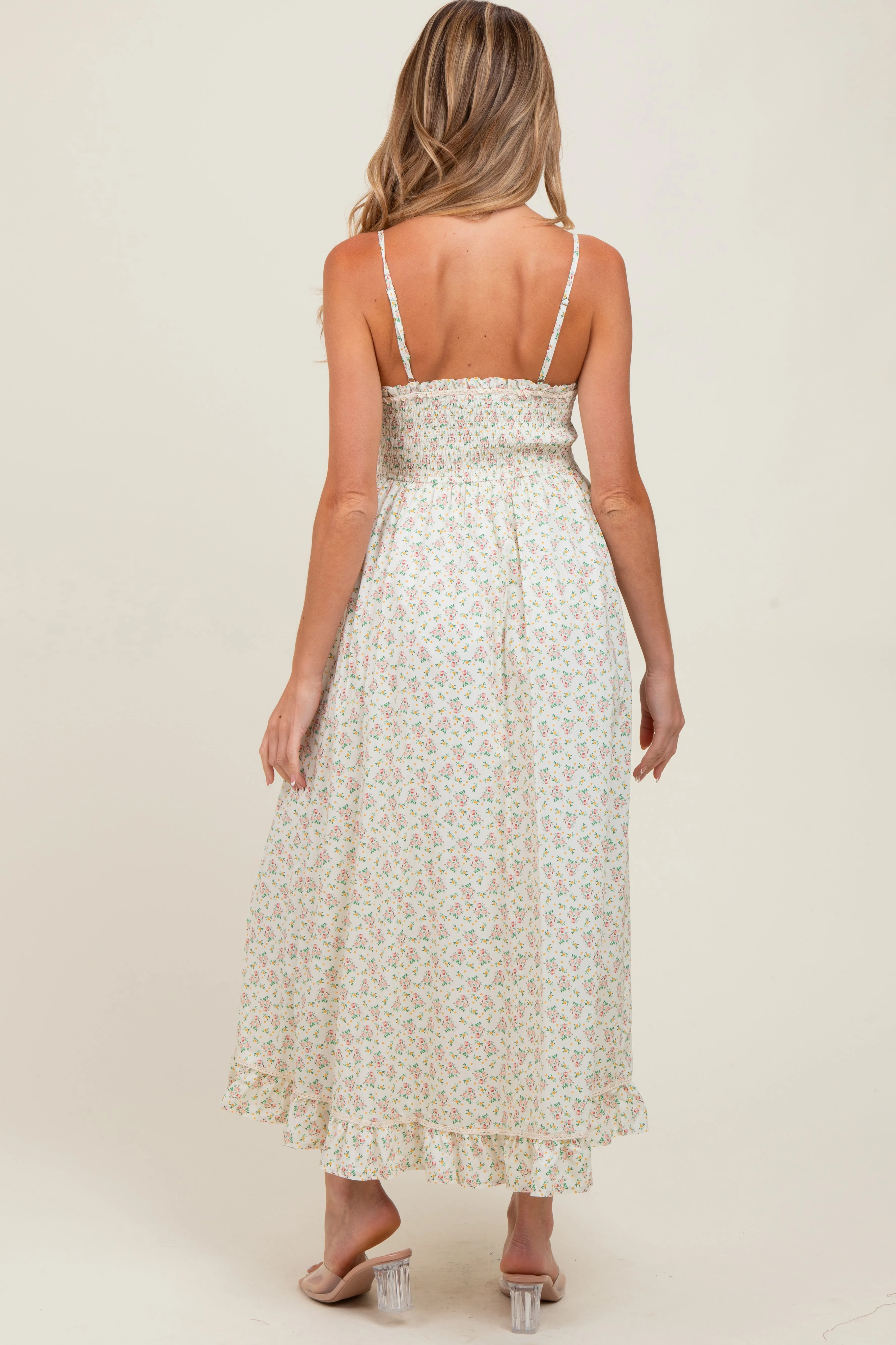 Pink Floral Smocked Waist Ruffle Accent Maternity Midi Dress sold by Pinkblush product image thumbnail 4