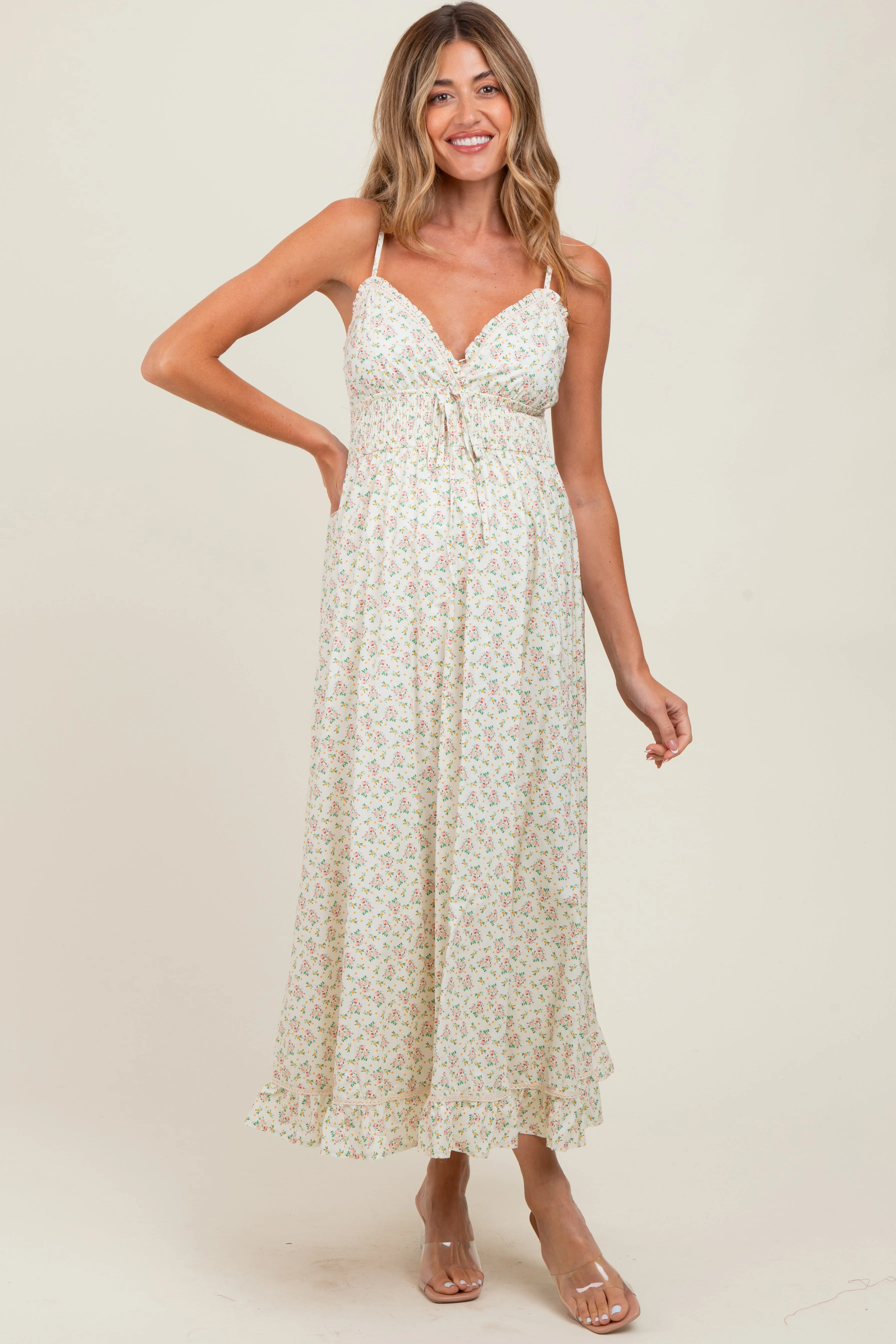 Pink Floral Smocked Waist Ruffle Accent Maternity Midi Dress sold by Pinkblush