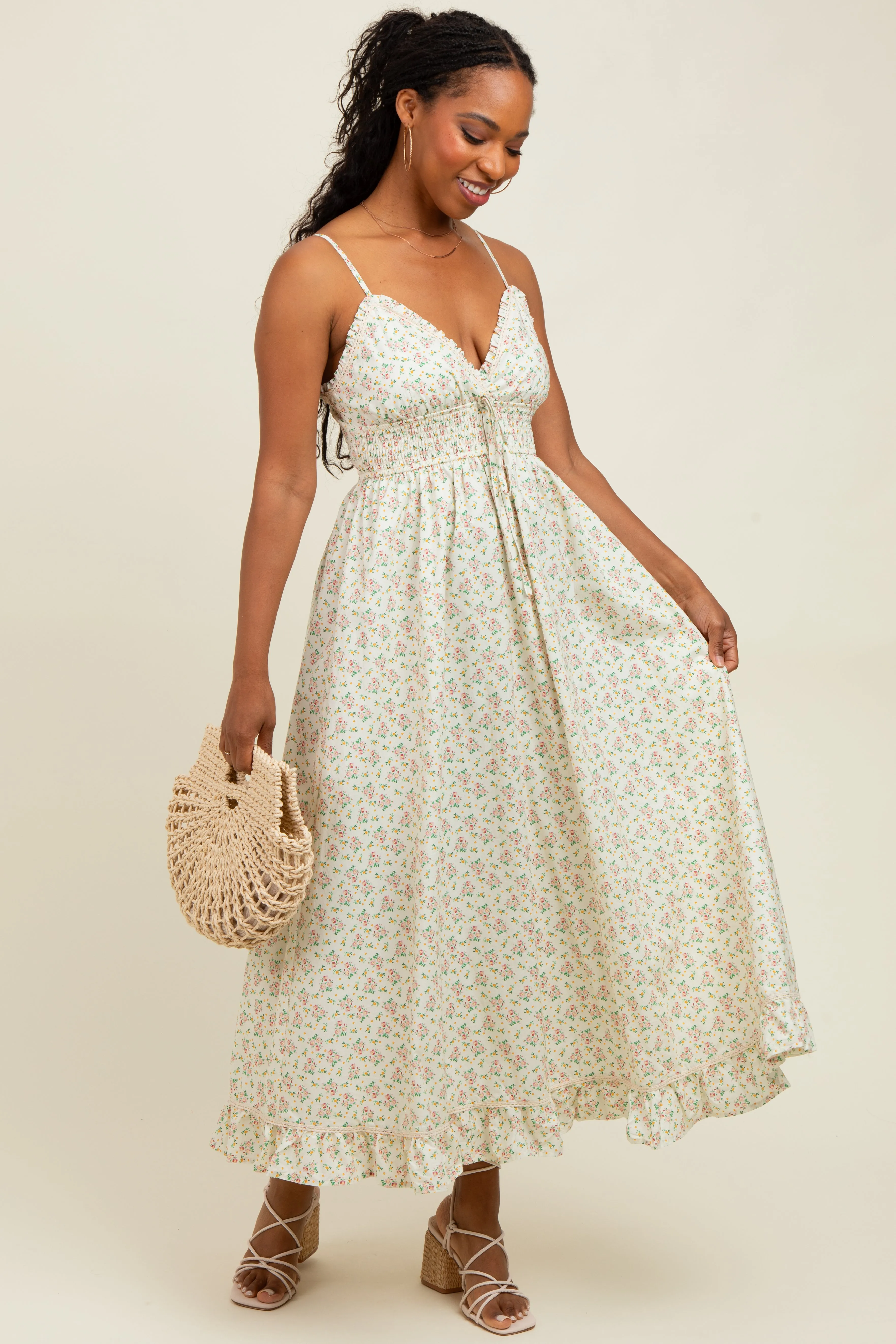 Pink Floral Smocked Waist Ruffle Accent Maternity Midi Dress sold by Pinkblush product image thumbnail 5