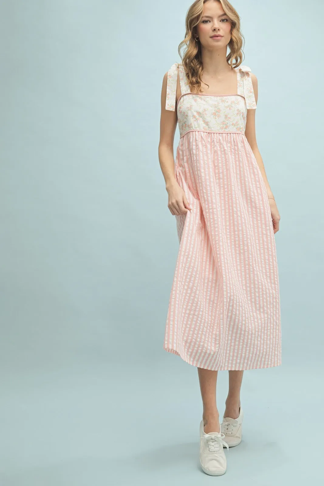 Peach Floral Contrast Stripe Shoulder Tie Midi Dress sold by Pinkblush product image thumbnail 2