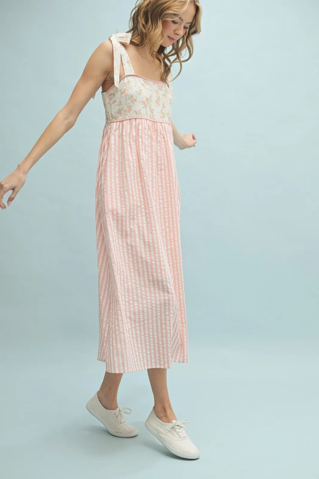 Peach Floral Contrast Stripe Shoulder Tie Midi Dress sold by Pinkblush product image thumbnail 3