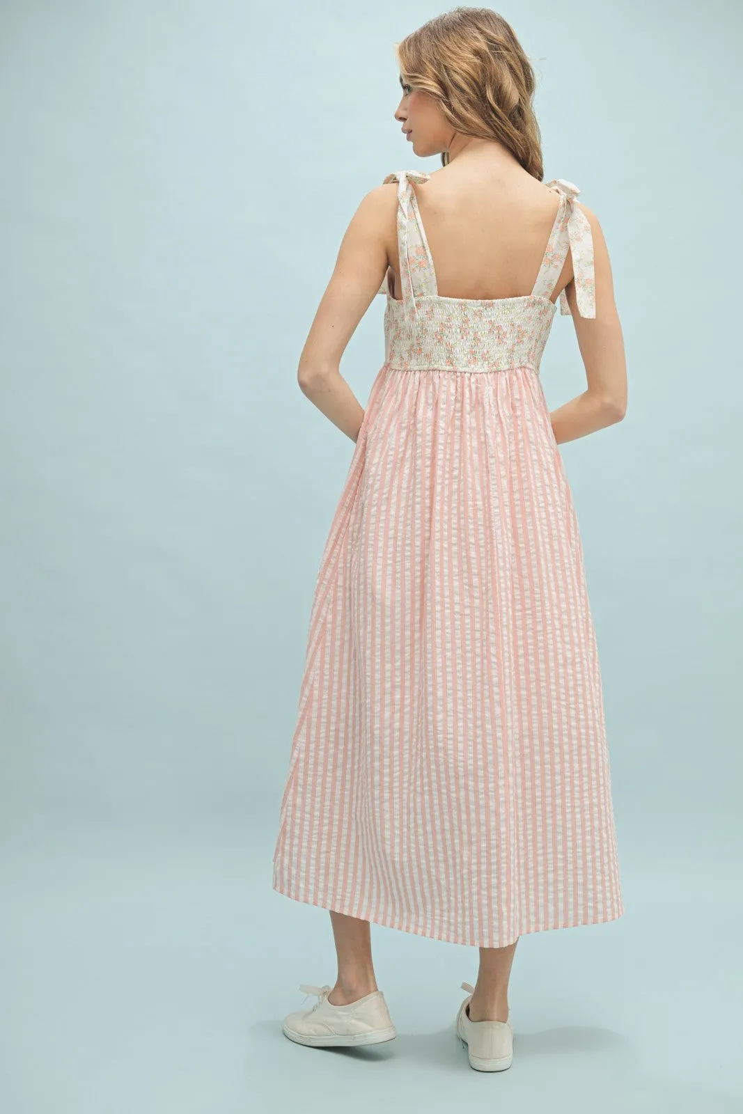 Peach Floral Contrast Stripe Shoulder Tie Midi Dress sold by Pinkblush product image thumbnail 4
