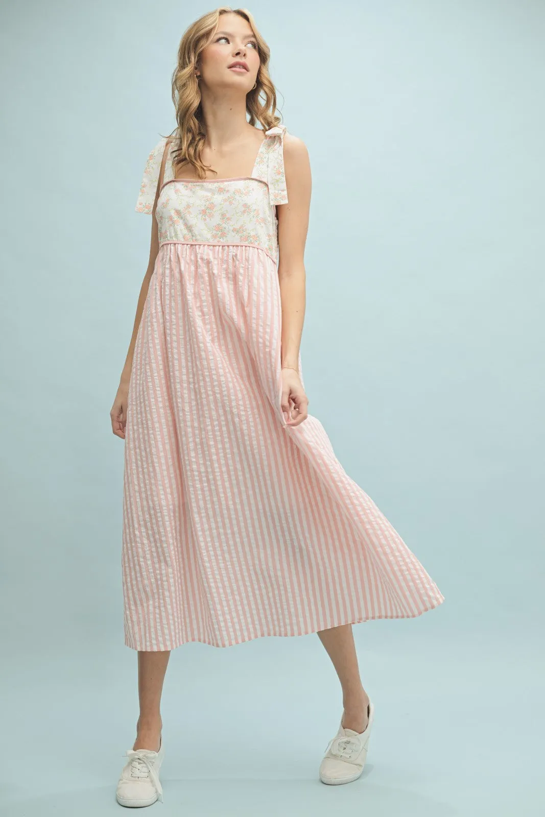Peach Floral Contrast Stripe Shoulder Tie Midi Dress sold by Pinkblush