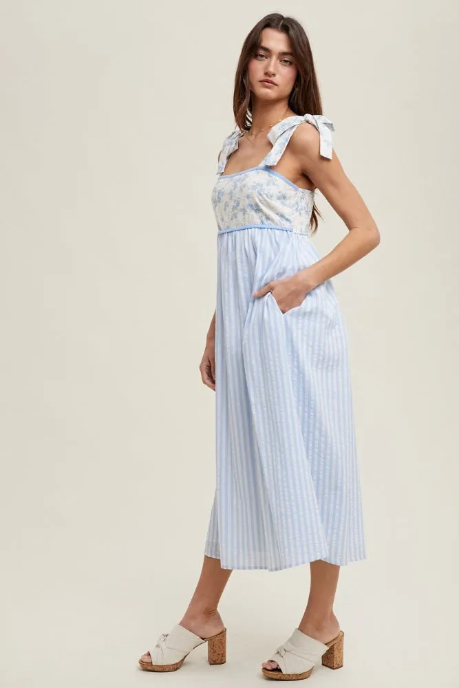 Light Blue Floral Contrast Stripe Shoulder Tie Midi Dress sold by Pinkblush product image thumbnail 2