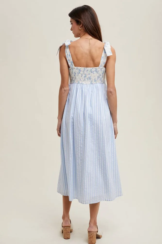 Light Blue Floral Contrast Stripe Shoulder Tie Midi Dress sold by Pinkblush product image thumbnail 3