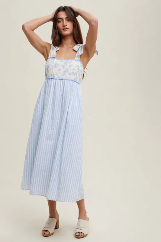 Light Blue Floral Contrast Stripe Shoulder Tie Midi Dress sold by Pinkblush