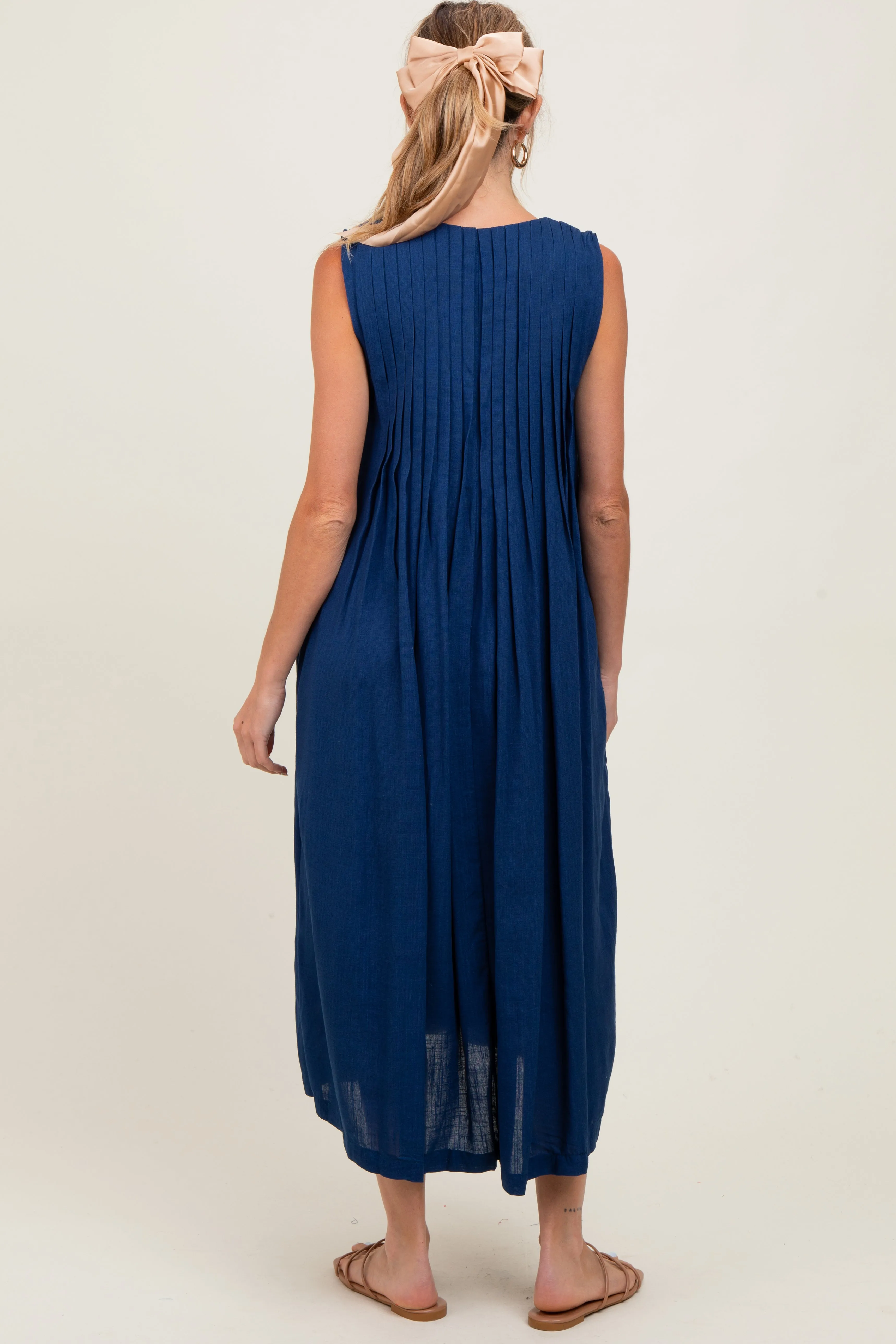 Navy Pleated Double Front Tie Sleeveless Maternity Midi Dress sold by Pinkblush product image thumbnail 4