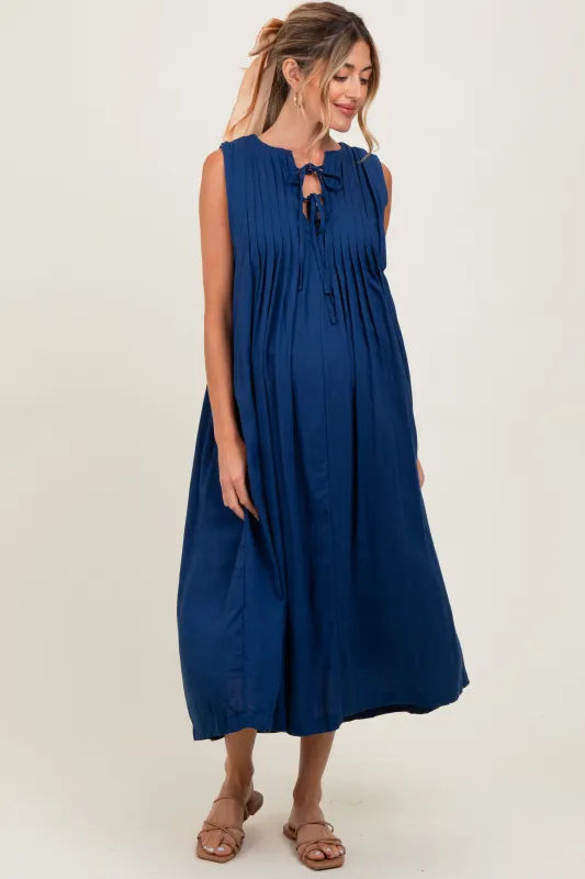 Navy Pleated Double Front Tie Sleeveless Maternity Midi Dress sold by Pinkblush