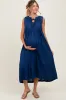Navy Pleated Double Front Tie Sleeveless Maternity Midi Dress sold by Pinkblush