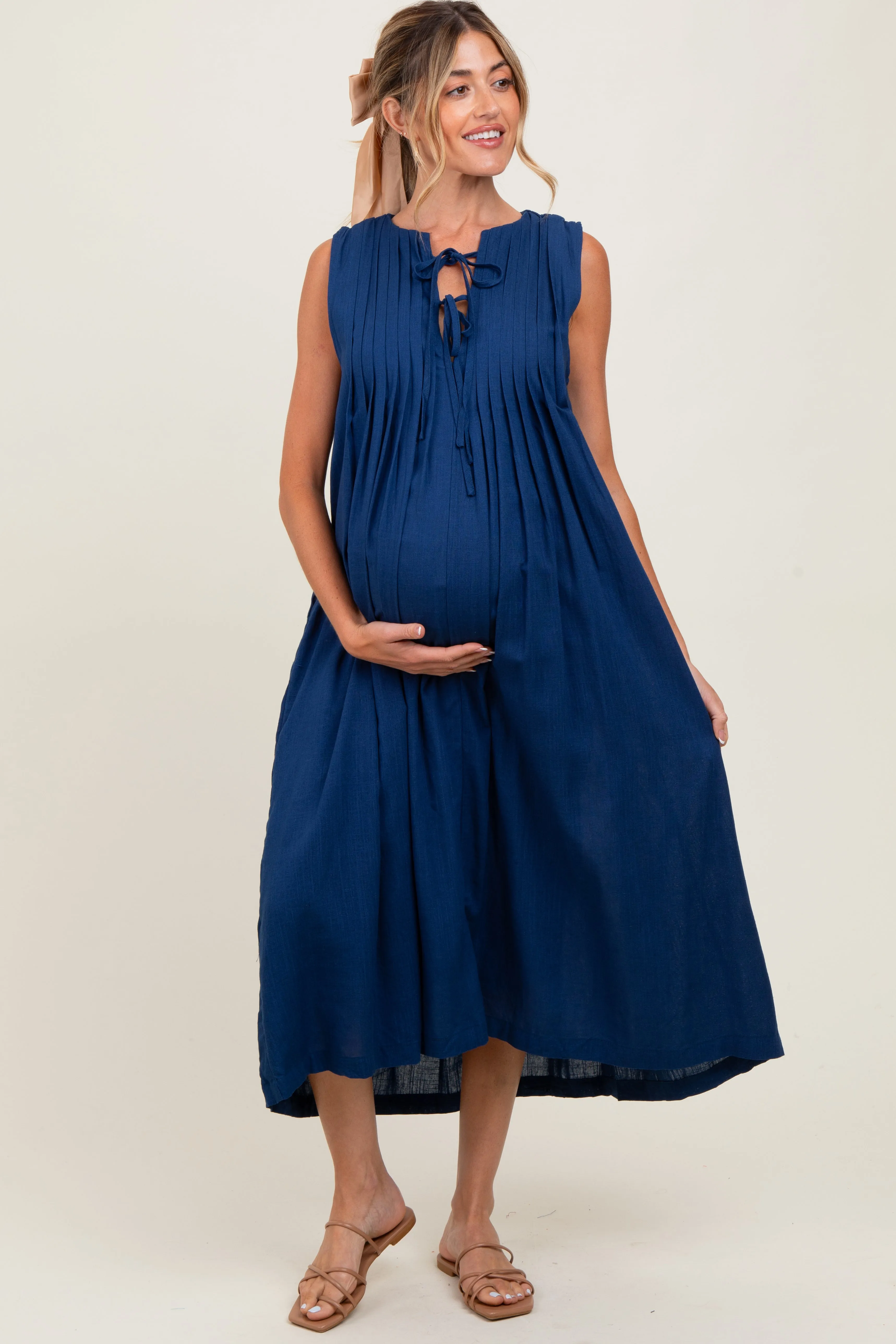Navy Pleated Double Front Tie Sleeveless Maternity Midi Dress sold by Pinkblush product image thumbnail 2