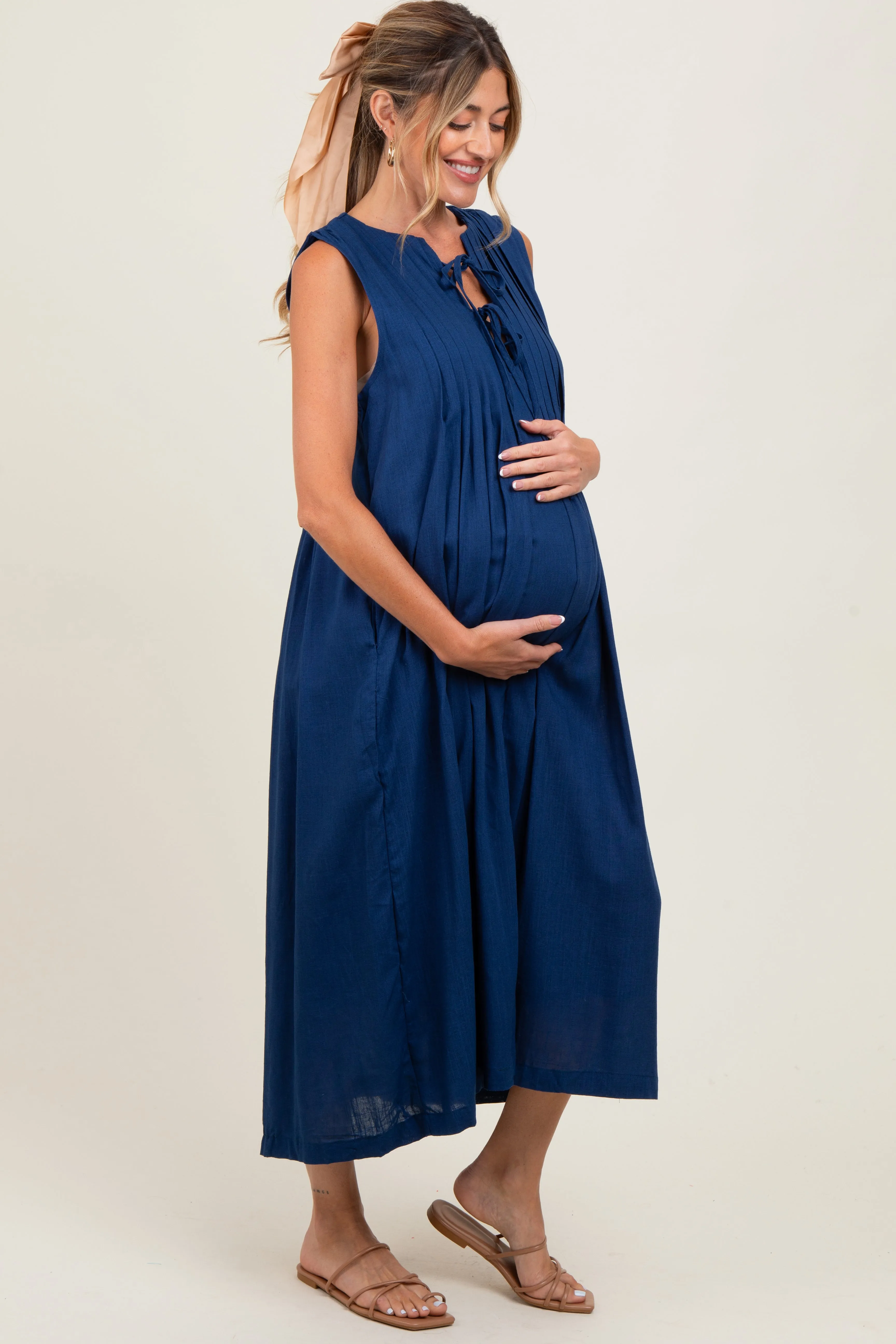 Navy Pleated Double Front Tie Sleeveless Maternity Midi Dress sold by Pinkblush product image thumbnail 3
