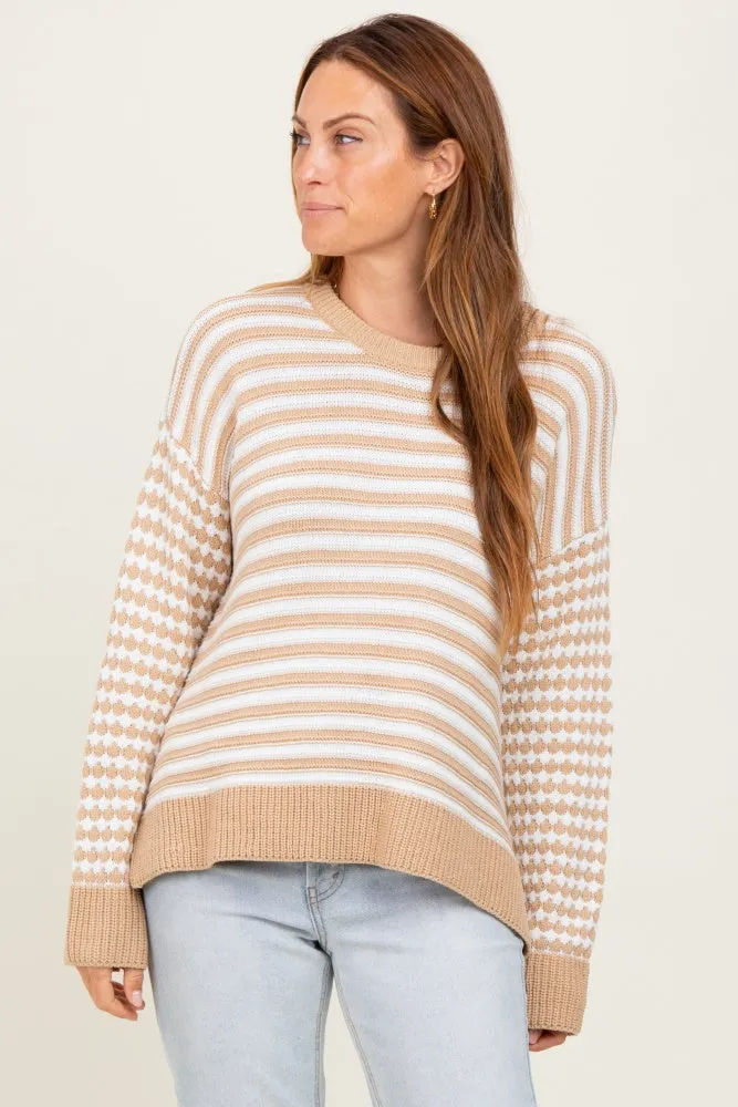 Taupe Striped Dot Contrast Knit Sweater sold by Pinkblush
