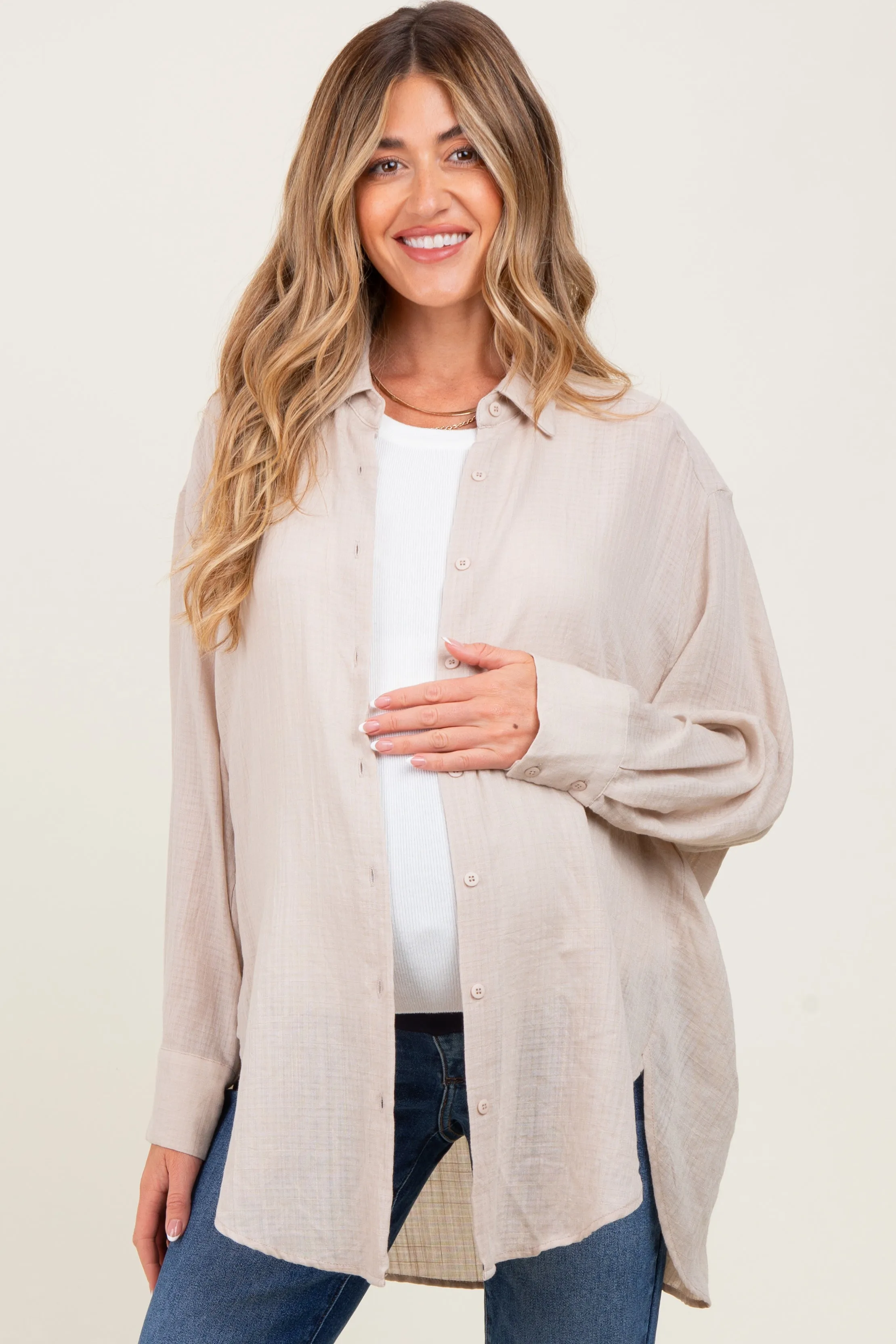 Light Beige Lightweight Sheer Button Down Maternity Blouse sold by Pinkblush