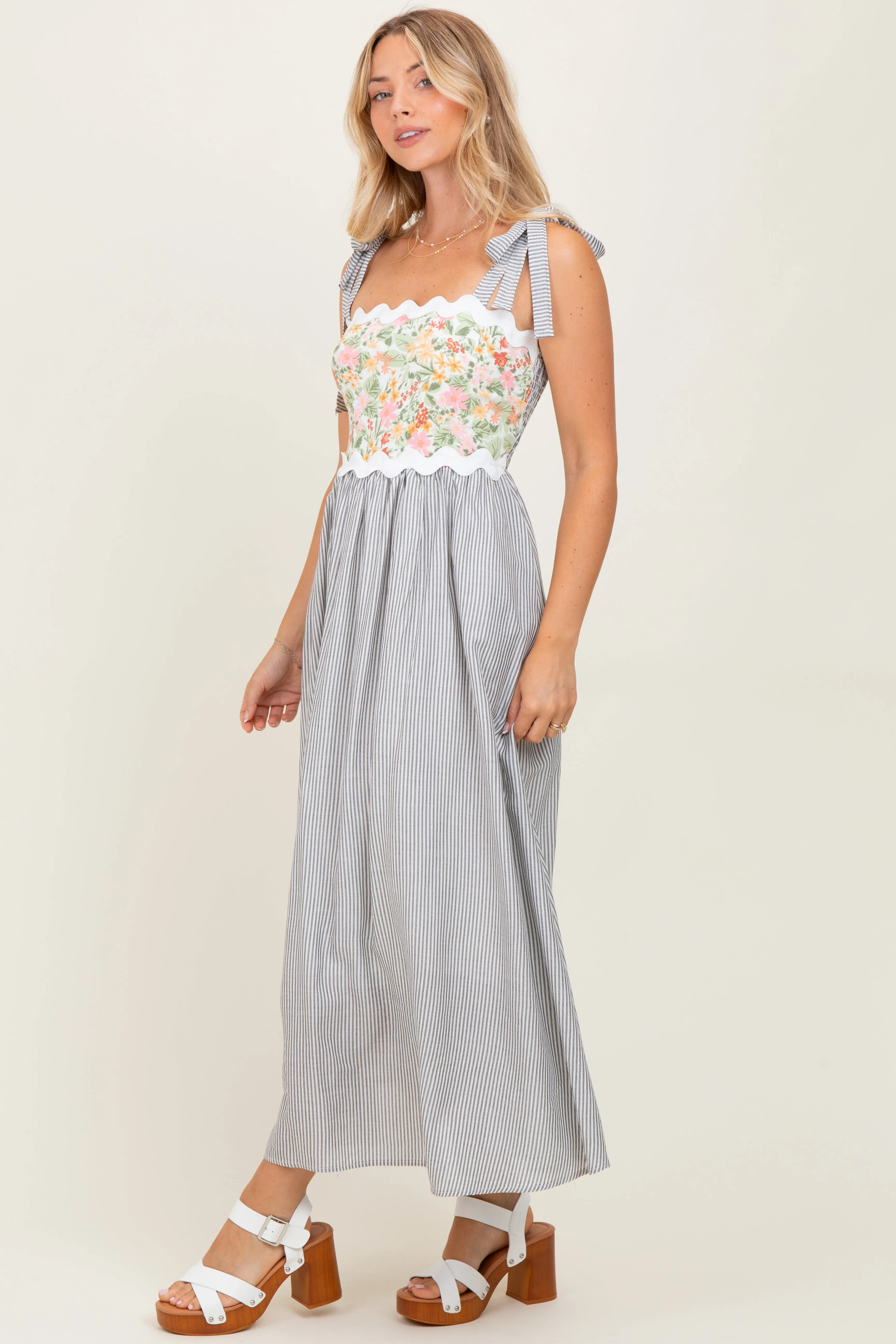 Grey Floral Striped Sleeveless Shoulder Tie Midi Dress sold by Pinkblush product image thumbnail 3