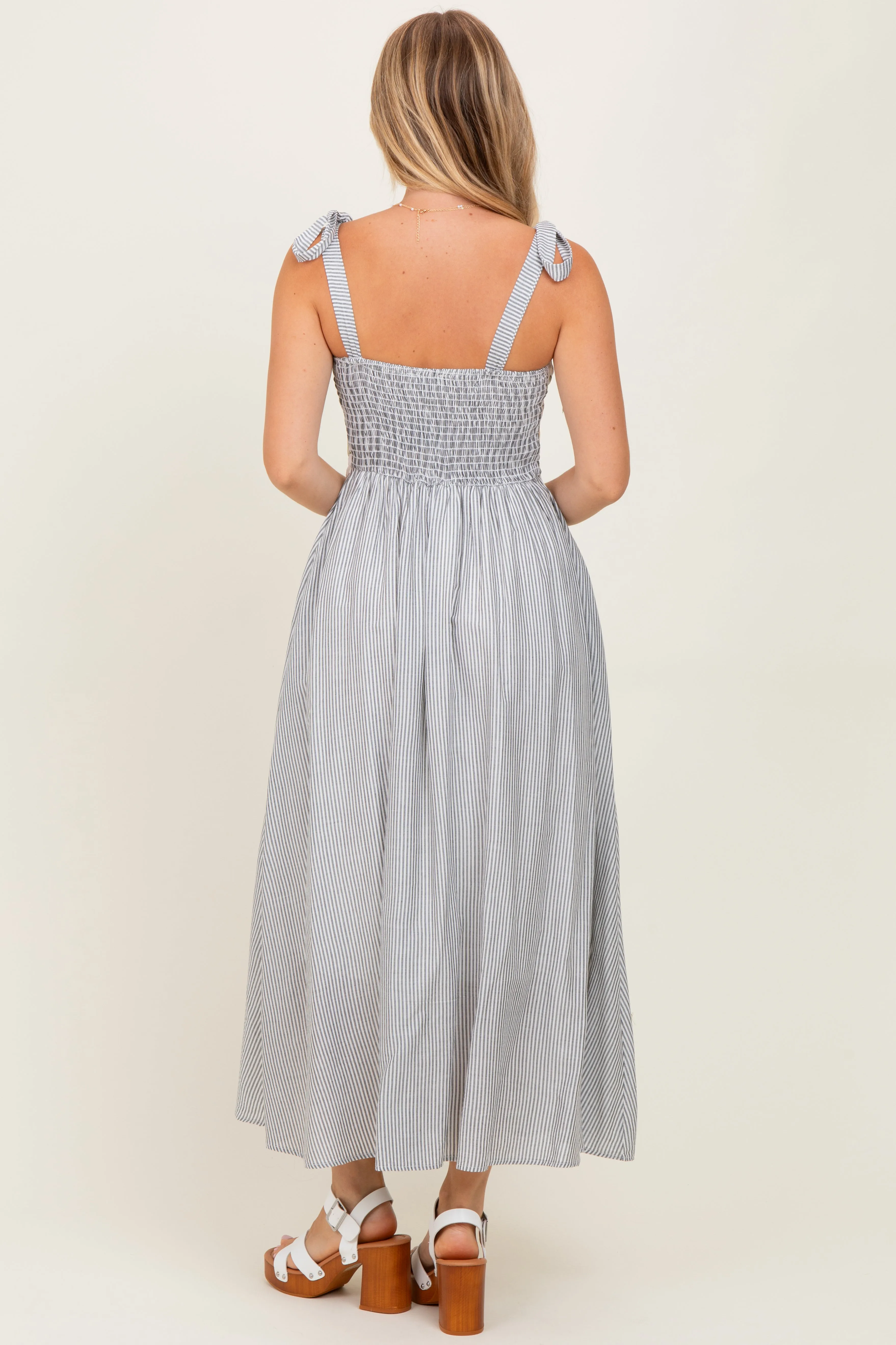 Grey Floral Striped Sleeveless Shoulder Tie Midi Dress sold by Pinkblush product image thumbnail 4