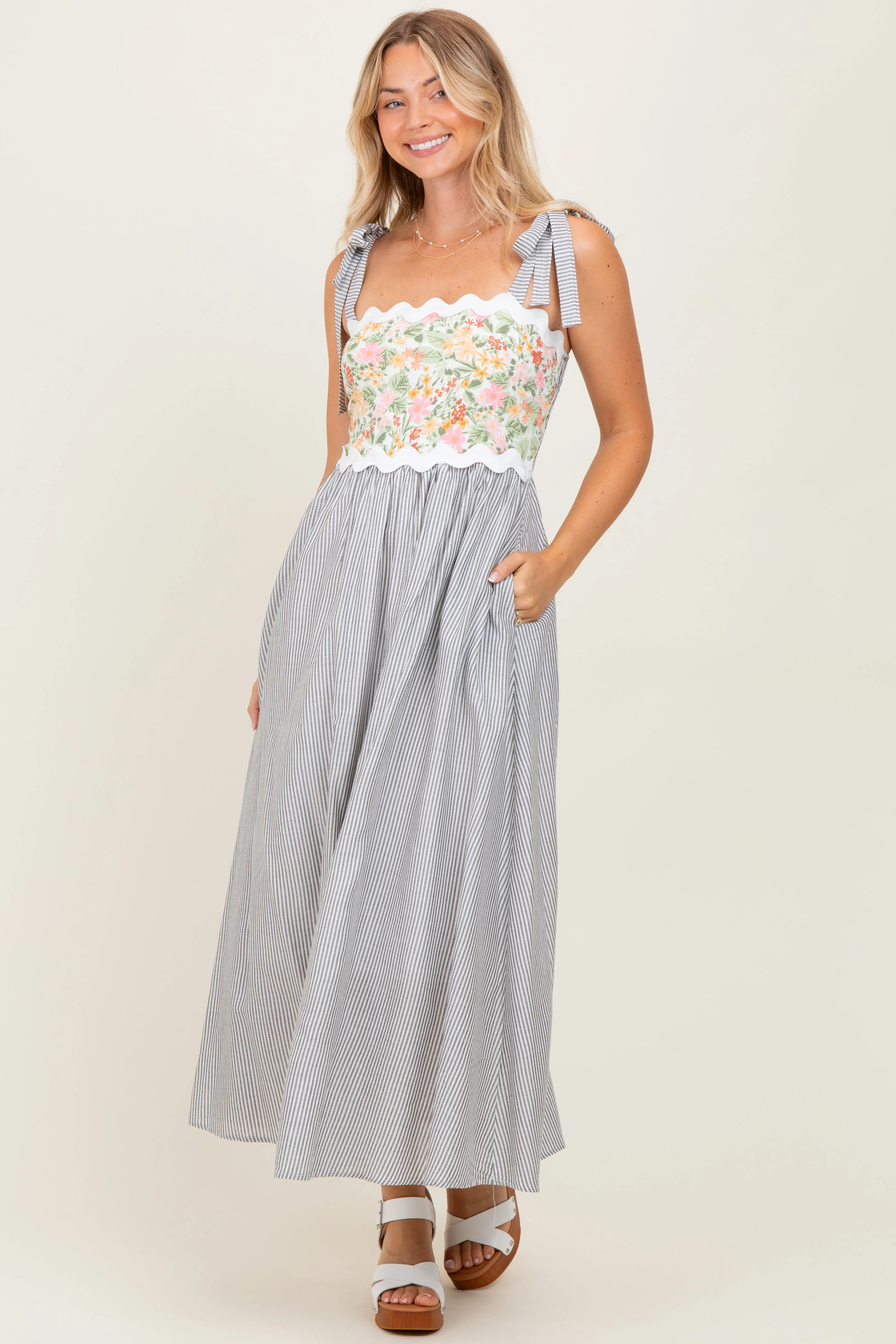 Grey Floral Striped Sleeveless Shoulder Tie Midi Dress sold by Pinkblush