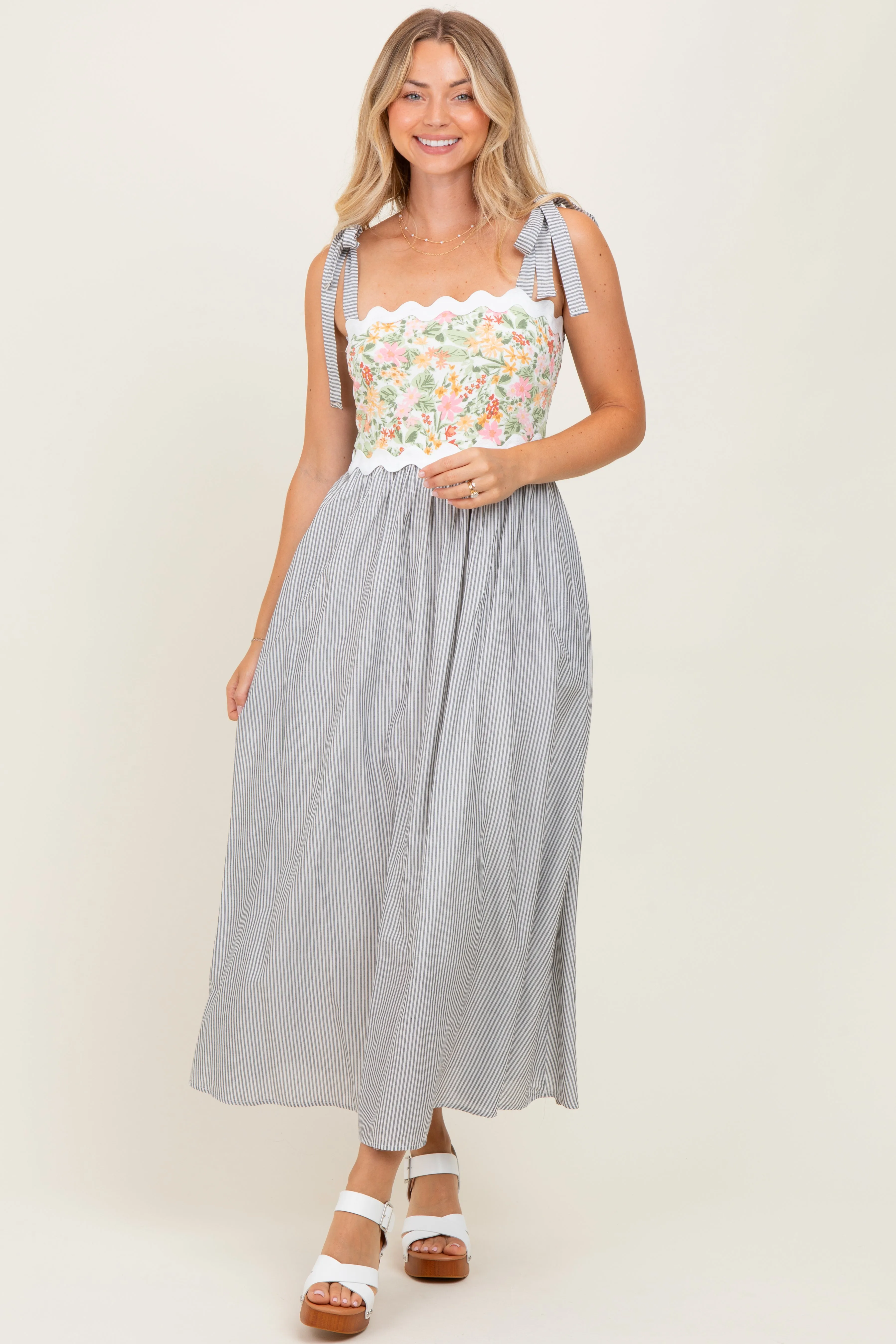 Grey Floral Striped Sleeveless Shoulder Tie Midi Dress sold by Pinkblush product image thumbnail 2