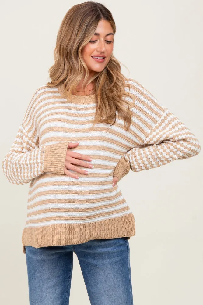 Taupe Striped Dot Contrast Knit Maternity Sweater sold by Pinkblush