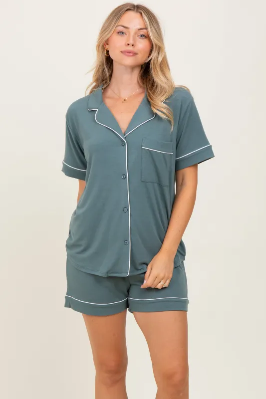 Light Olive Short Sleeve Button Down Shirt Shorts Set sold by Pinkblush