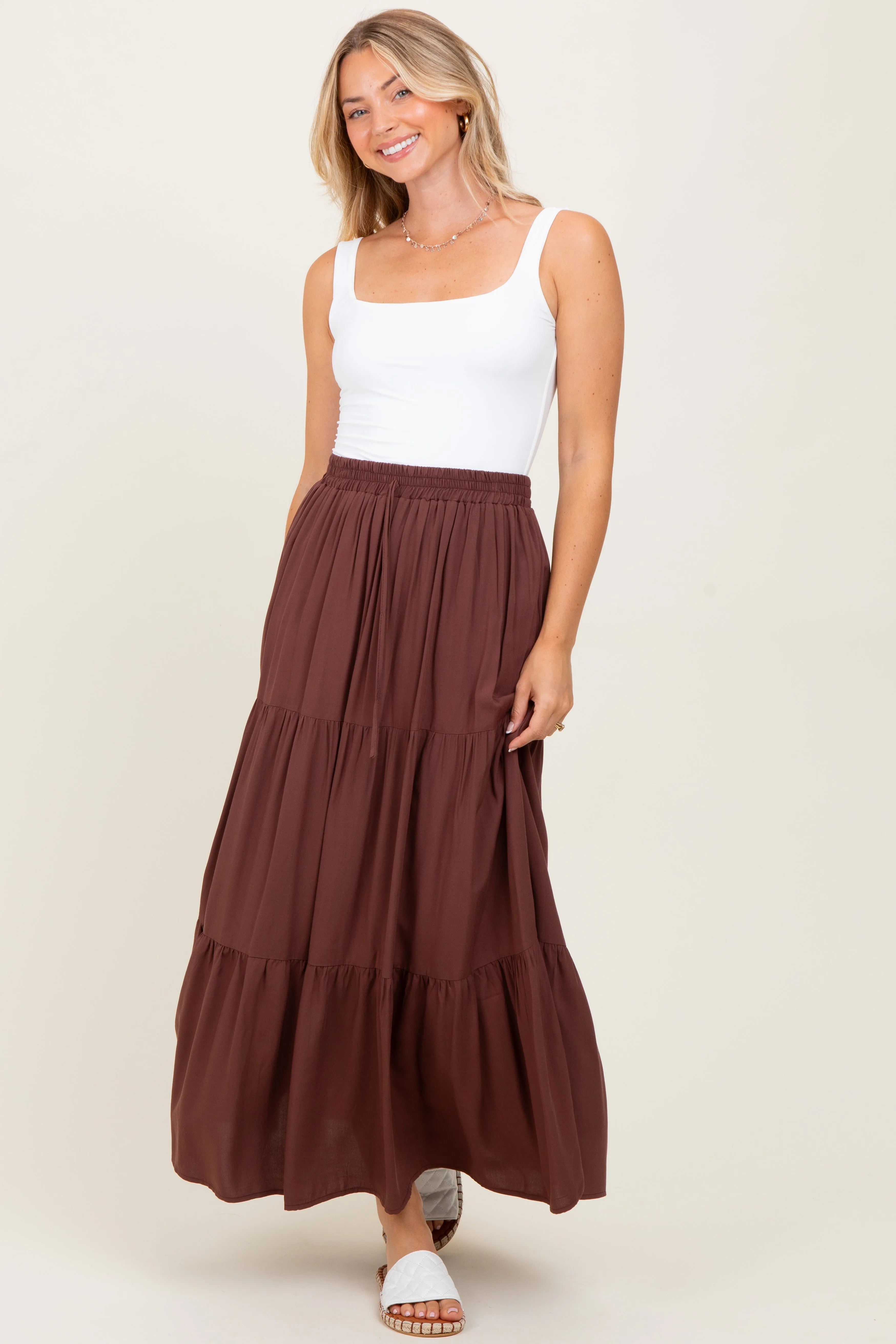 Brown Drawstring Tiered Maxi Skirt sold by Pinkblush
