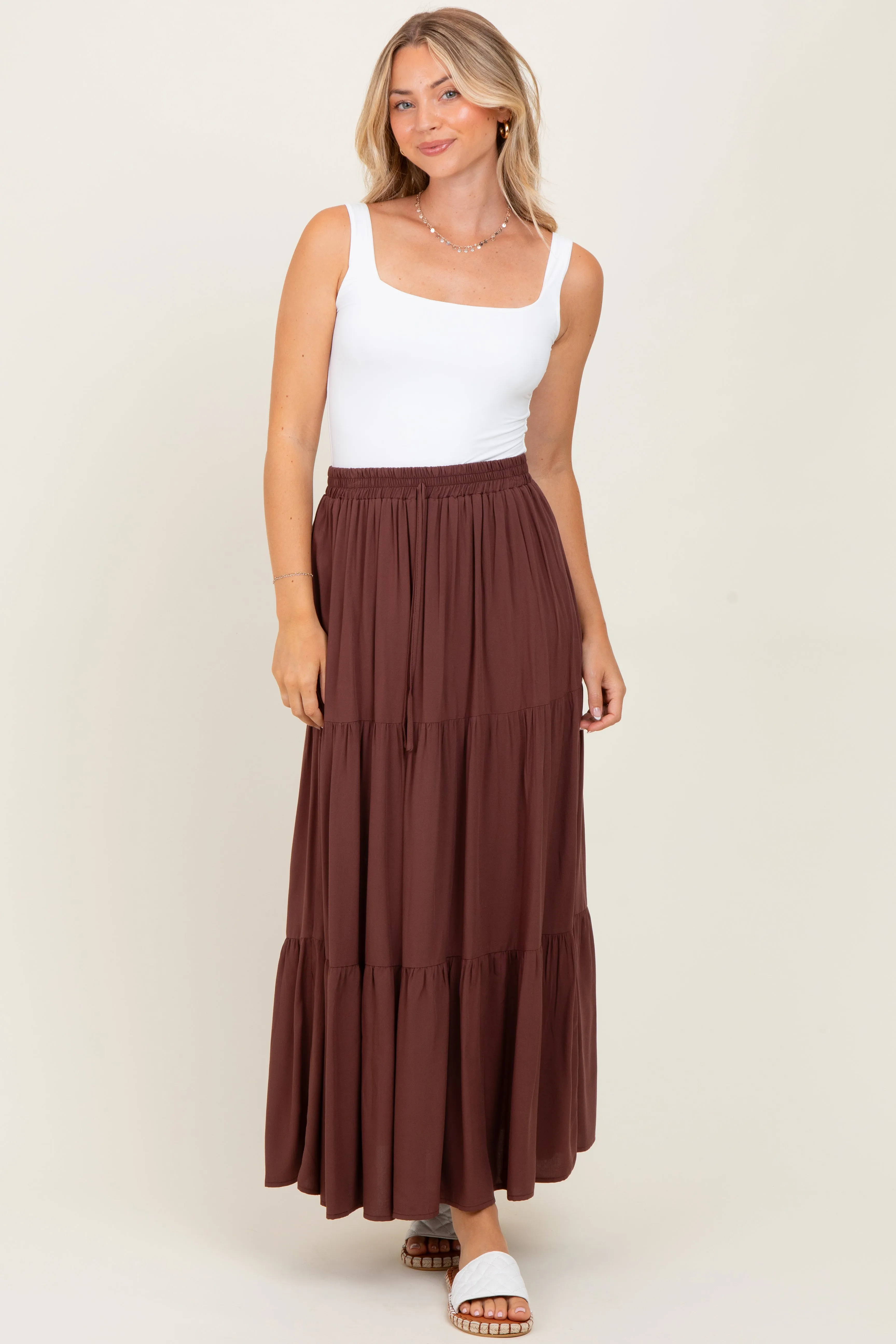 Brown Drawstring Tiered Maxi Skirt sold by Pinkblush product image thumbnail 2
