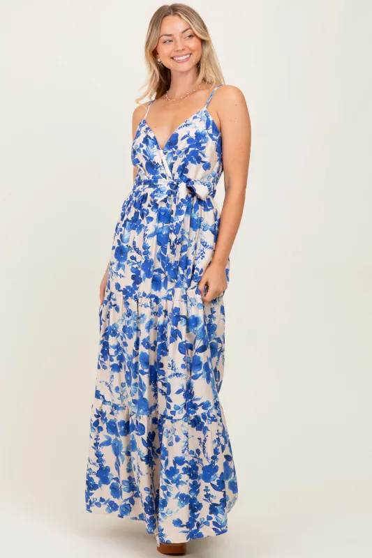 Blue Floral Tiered Sleeveless Sash Tie Maxi Dress sold by Pinkblush