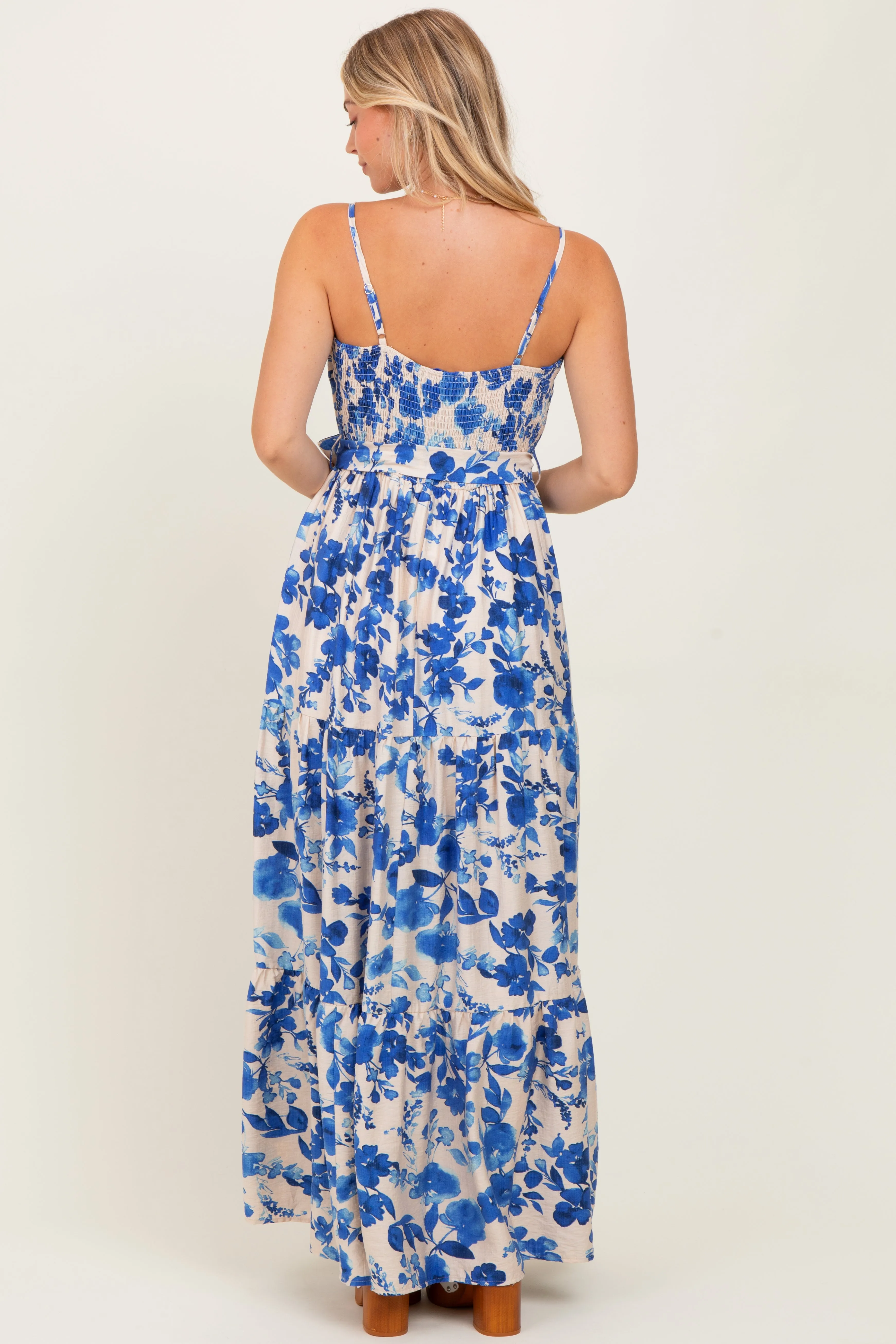 Blue Floral Tiered Sleeveless Sash Tie Maxi Dress sold by Pinkblush product image thumbnail 4