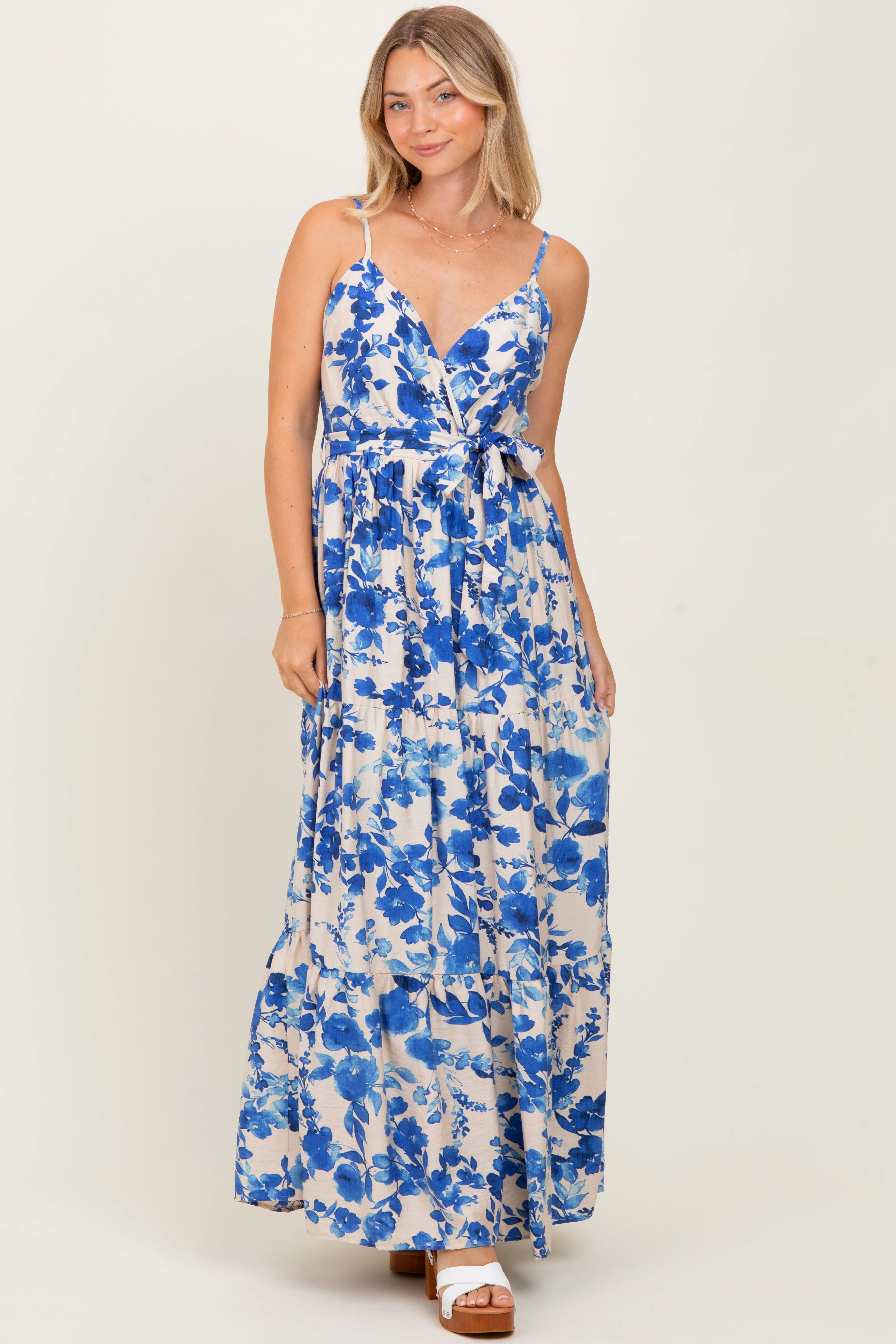 Blue Floral Tiered Sleeveless Sash Tie Maxi Dress sold by Pinkblush product image thumbnail 2