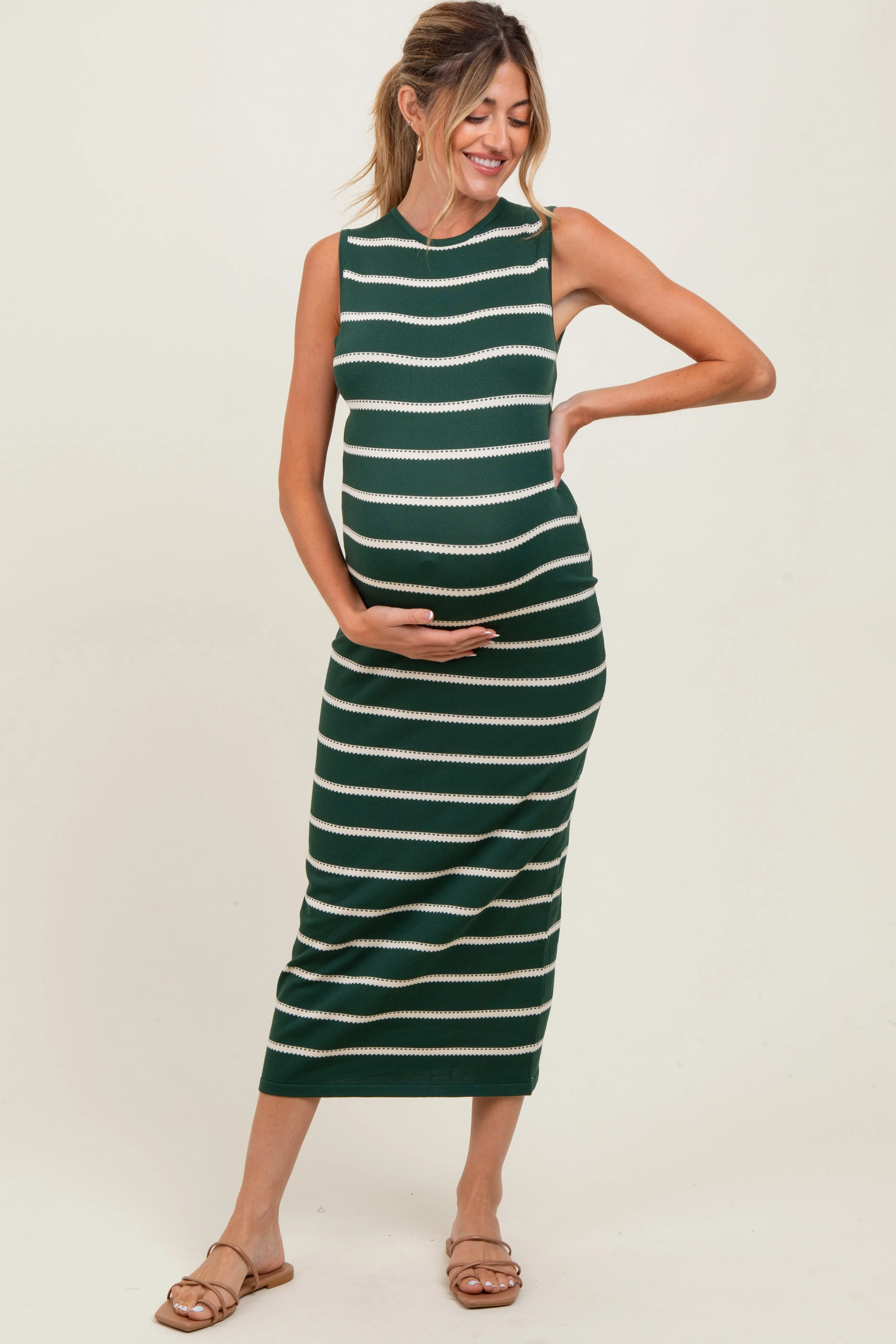 Forest Green Striped Sleeveless Knit Maternity Midi Dress sold by Pinkblush