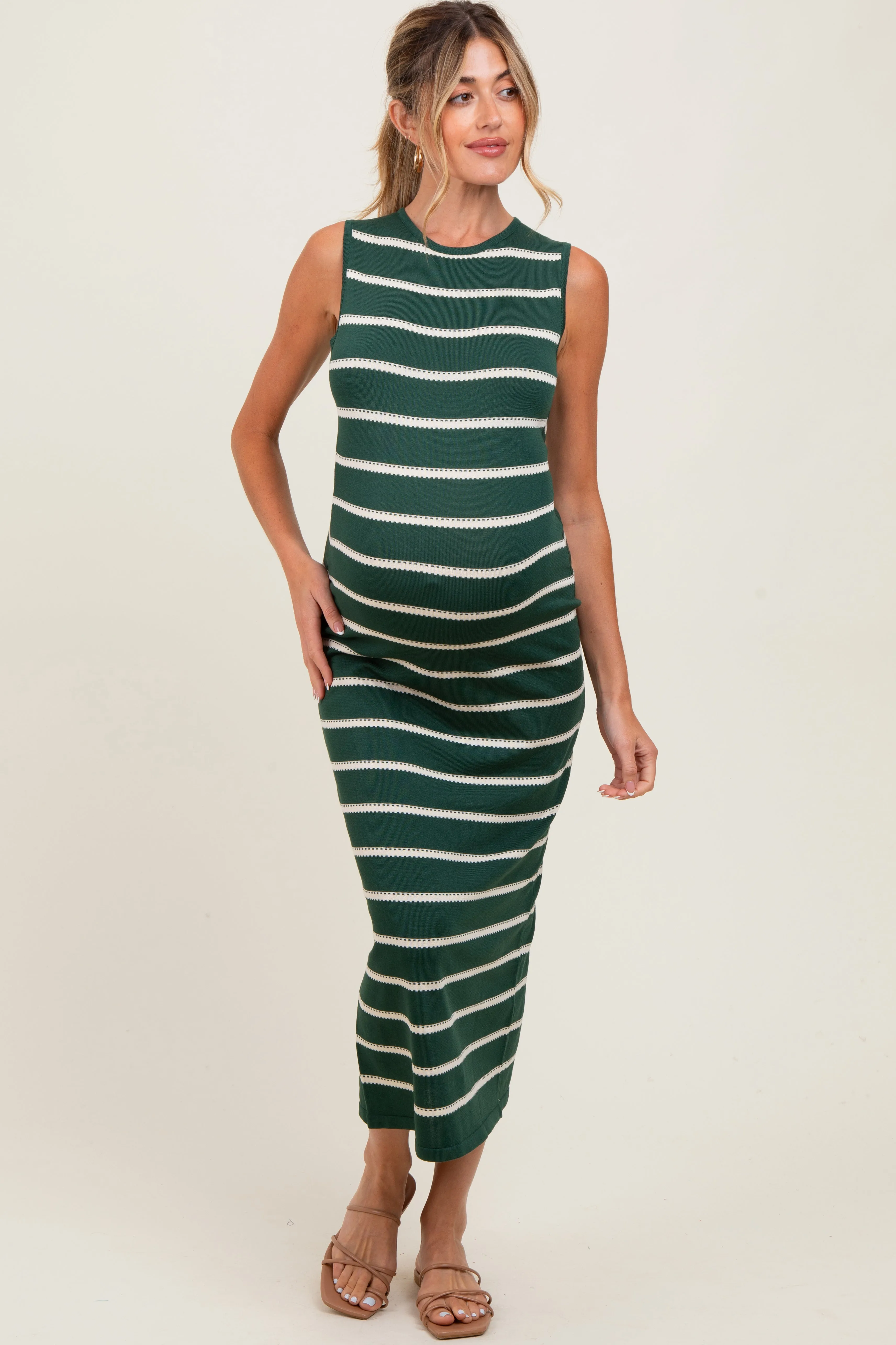 Forest Green Striped Sleeveless Knit Maternity Midi Dress sold by Pinkblush product image thumbnail 2