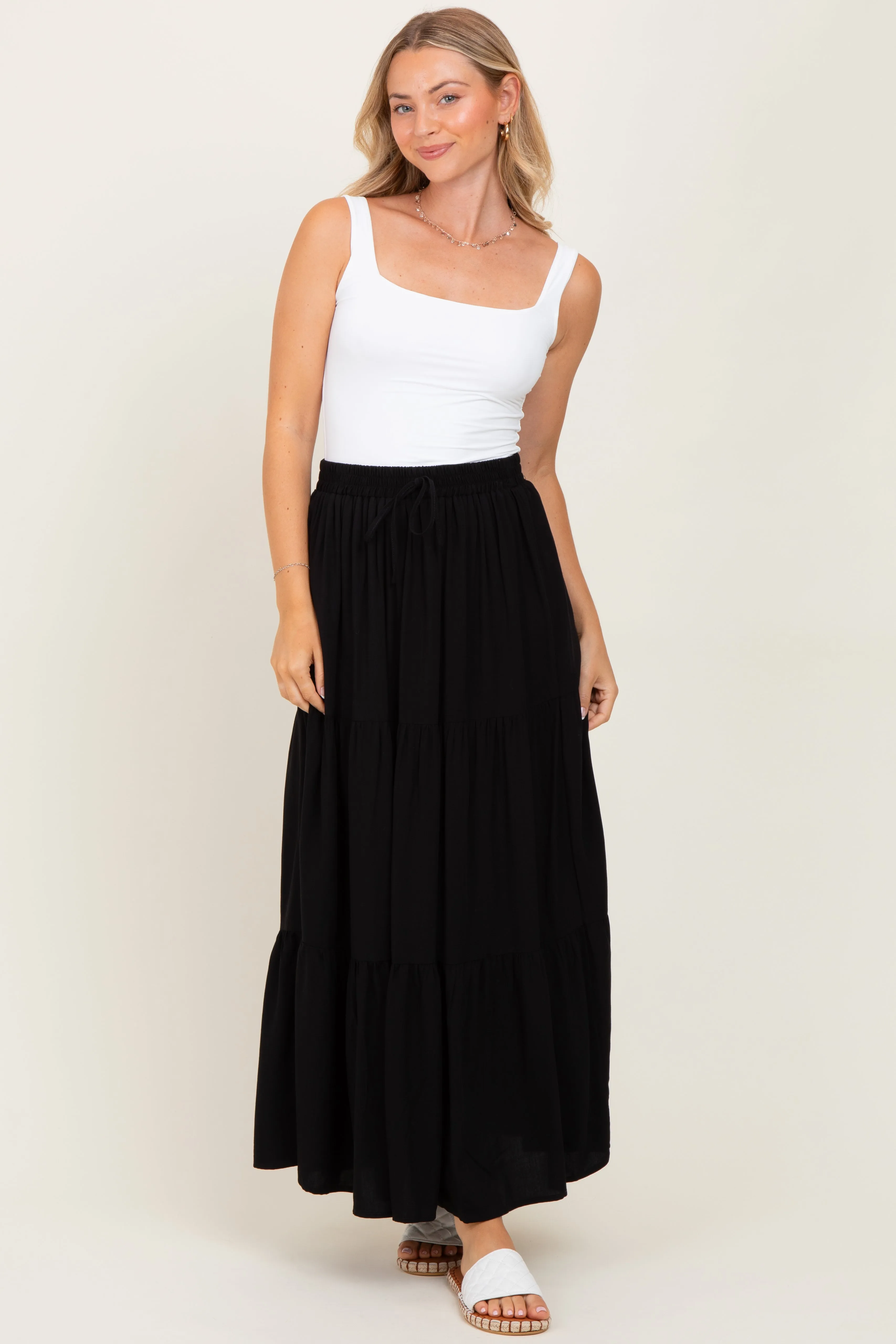 Black Drawstring Tiered Maxi Skirt sold by Pinkblush