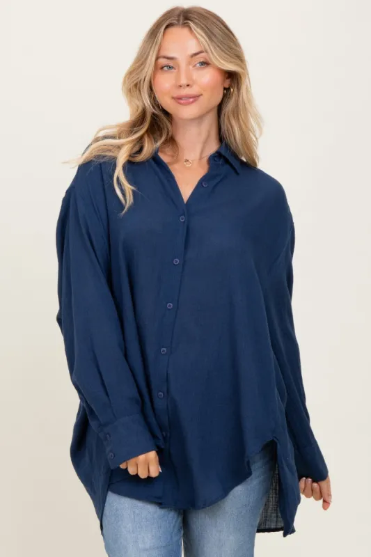 Navy Lightweight Sheer Button Down Blouse sold by Pinkblush