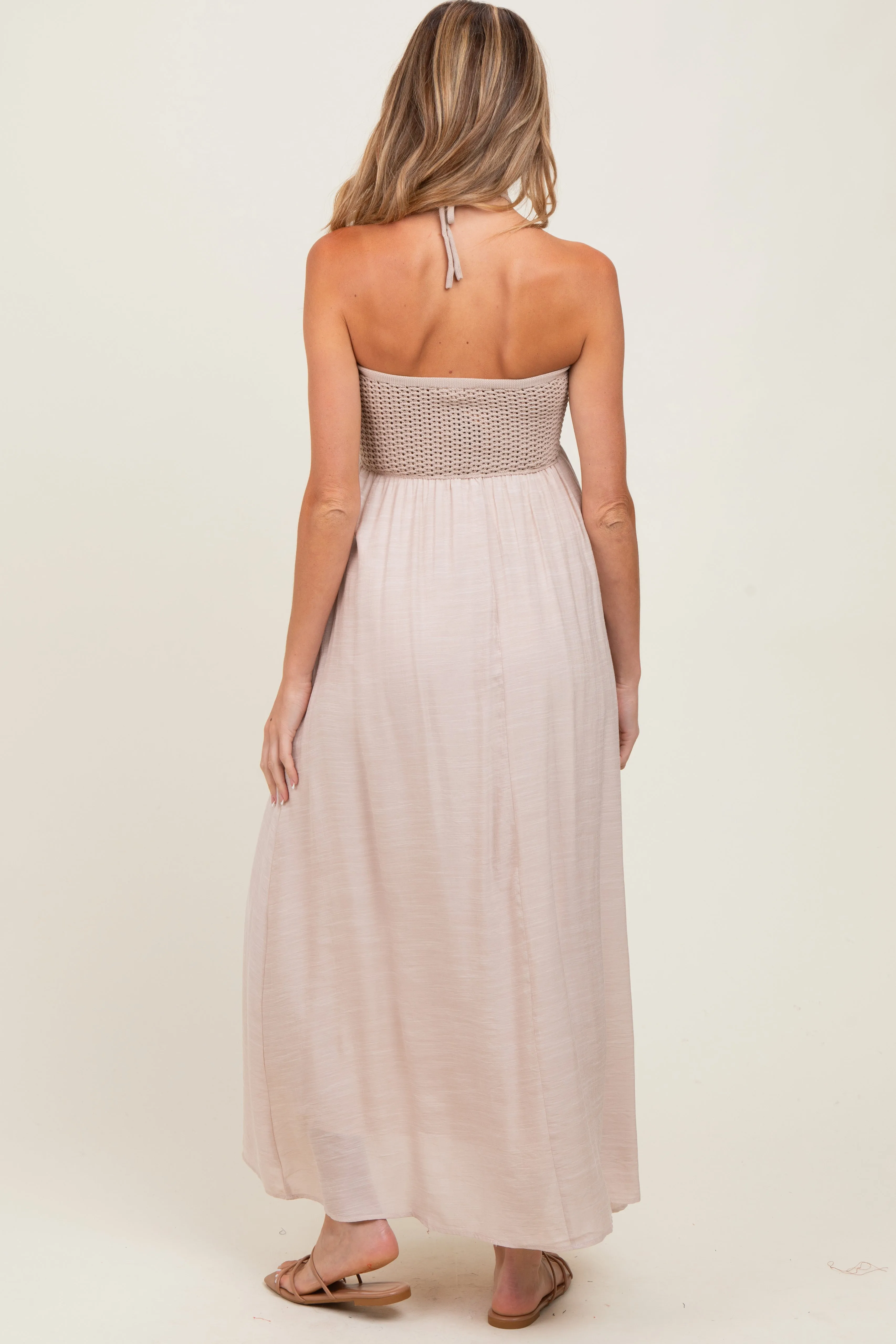 Beige Crochet Contrast Beaded Halter Neck Maternity Maxi Dress sold by Pinkblush product image thumbnail 4