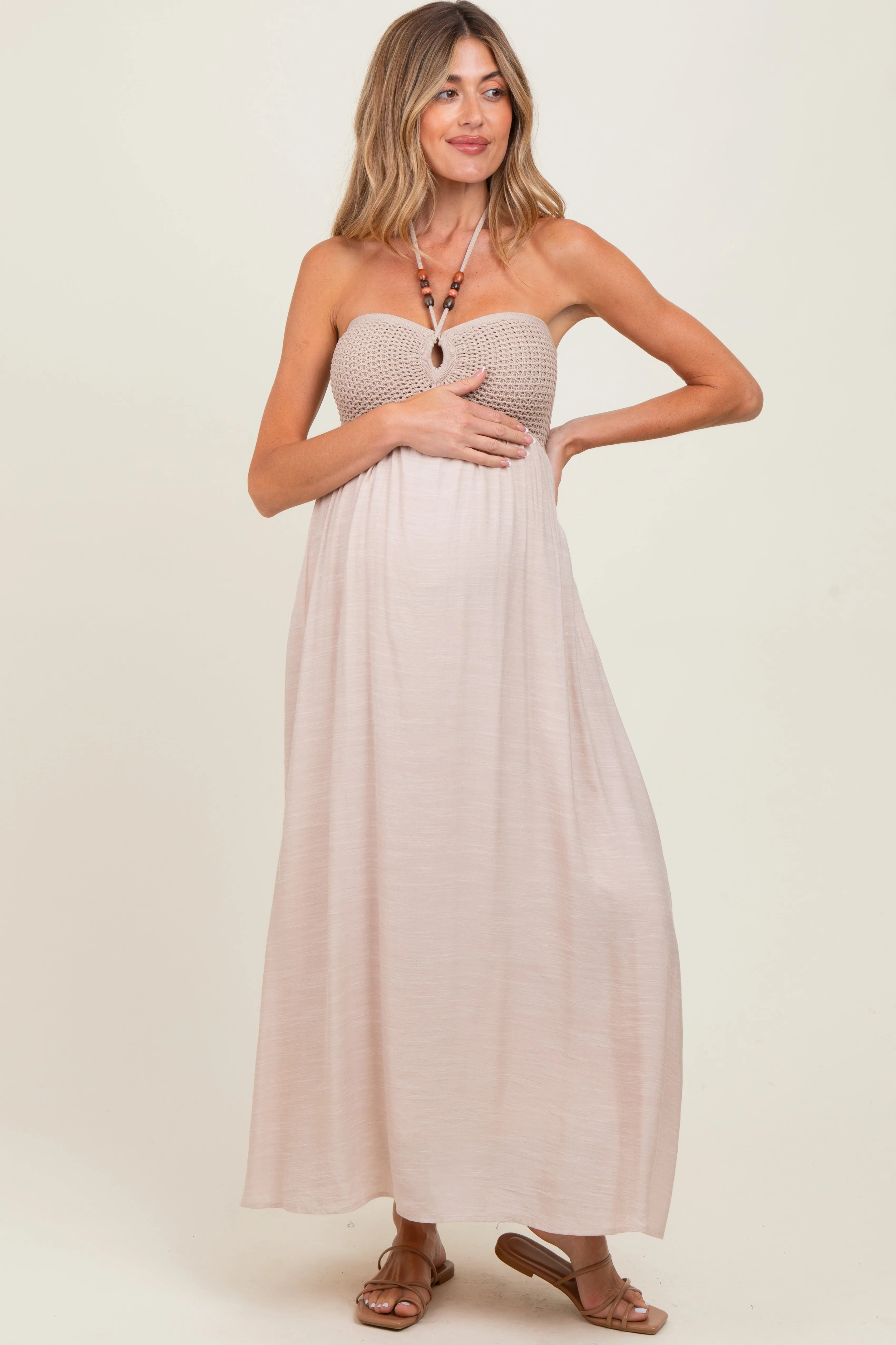 Beige Crochet Contrast Beaded Halter Neck Maternity Maxi Dress sold by Pinkblush