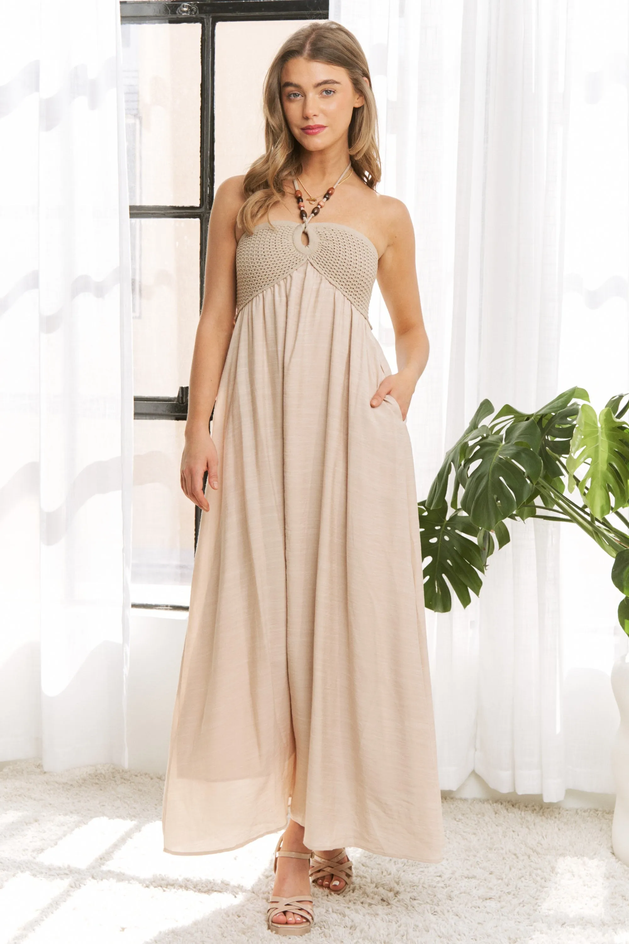 Beige Crochet Contrast Beaded Halter Neck Maternity Maxi Dress sold by Pinkblush product image thumbnail 5