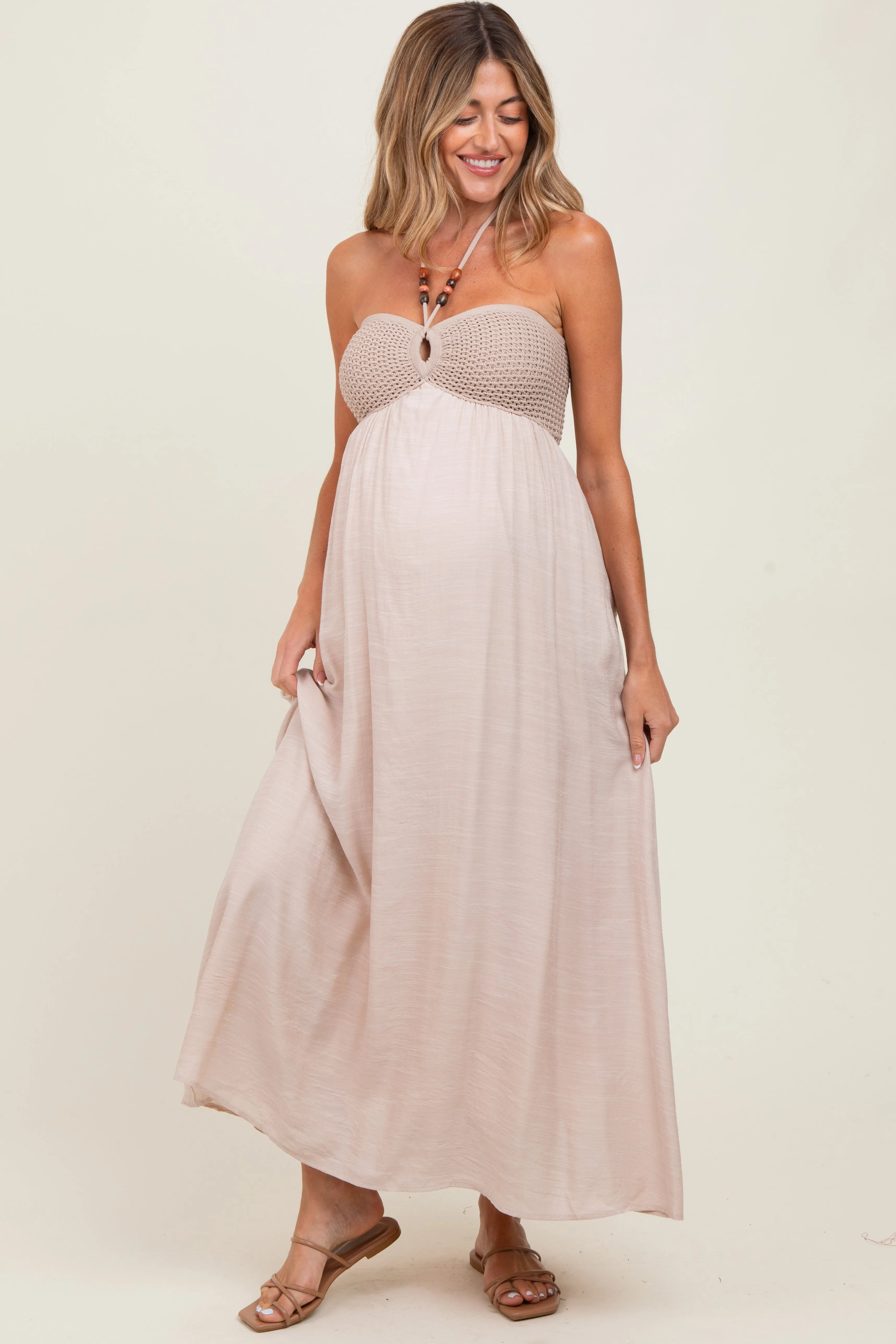 Beige Crochet Contrast Beaded Halter Neck Maternity Maxi Dress sold by Pinkblush product image thumbnail 2