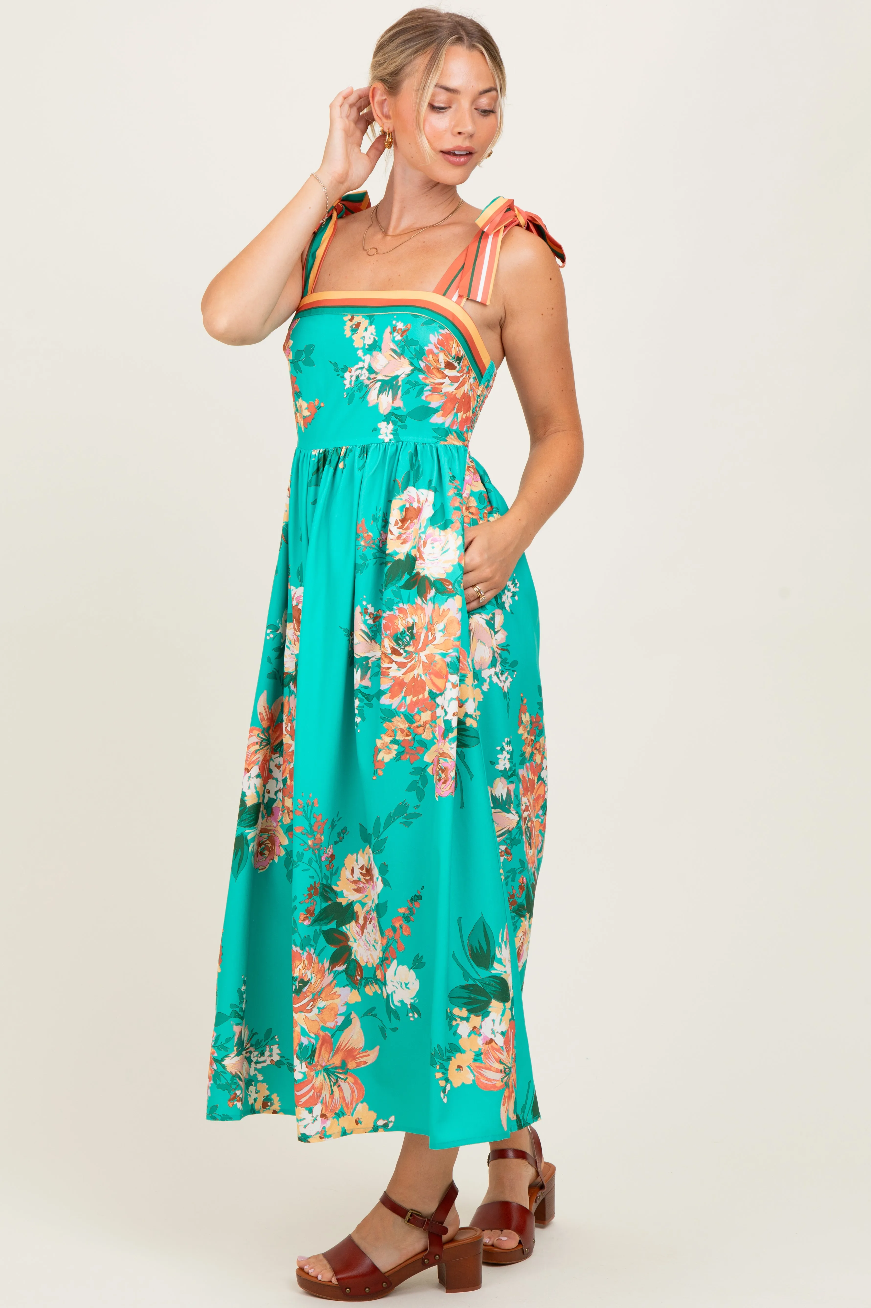 Turquoise Floral Contrast Shoulder Tie Midi Dress sold by Pinkblush product image thumbnail 2