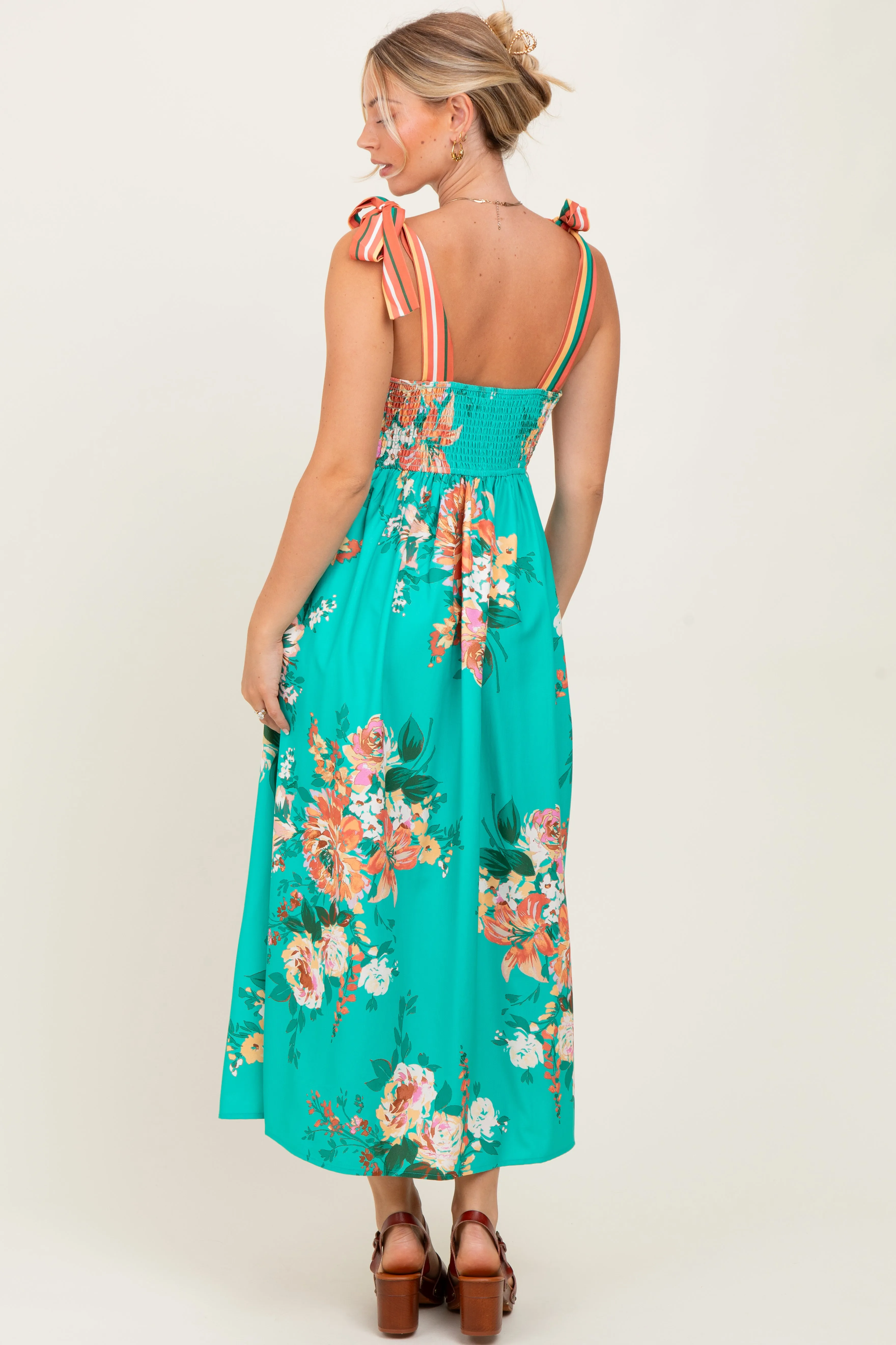 Turquoise Floral Contrast Shoulder Tie Midi Dress sold by Pinkblush product image thumbnail 3