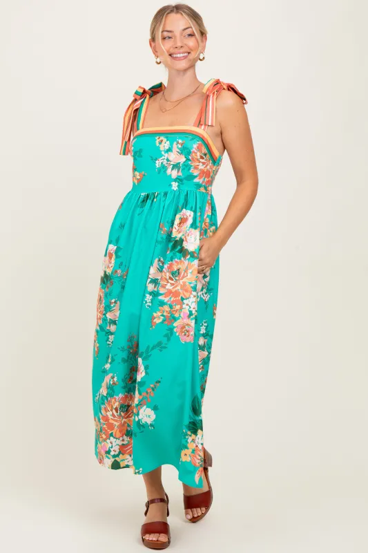 Turquoise Floral Contrast Shoulder Tie Midi Dress sold by Pinkblush