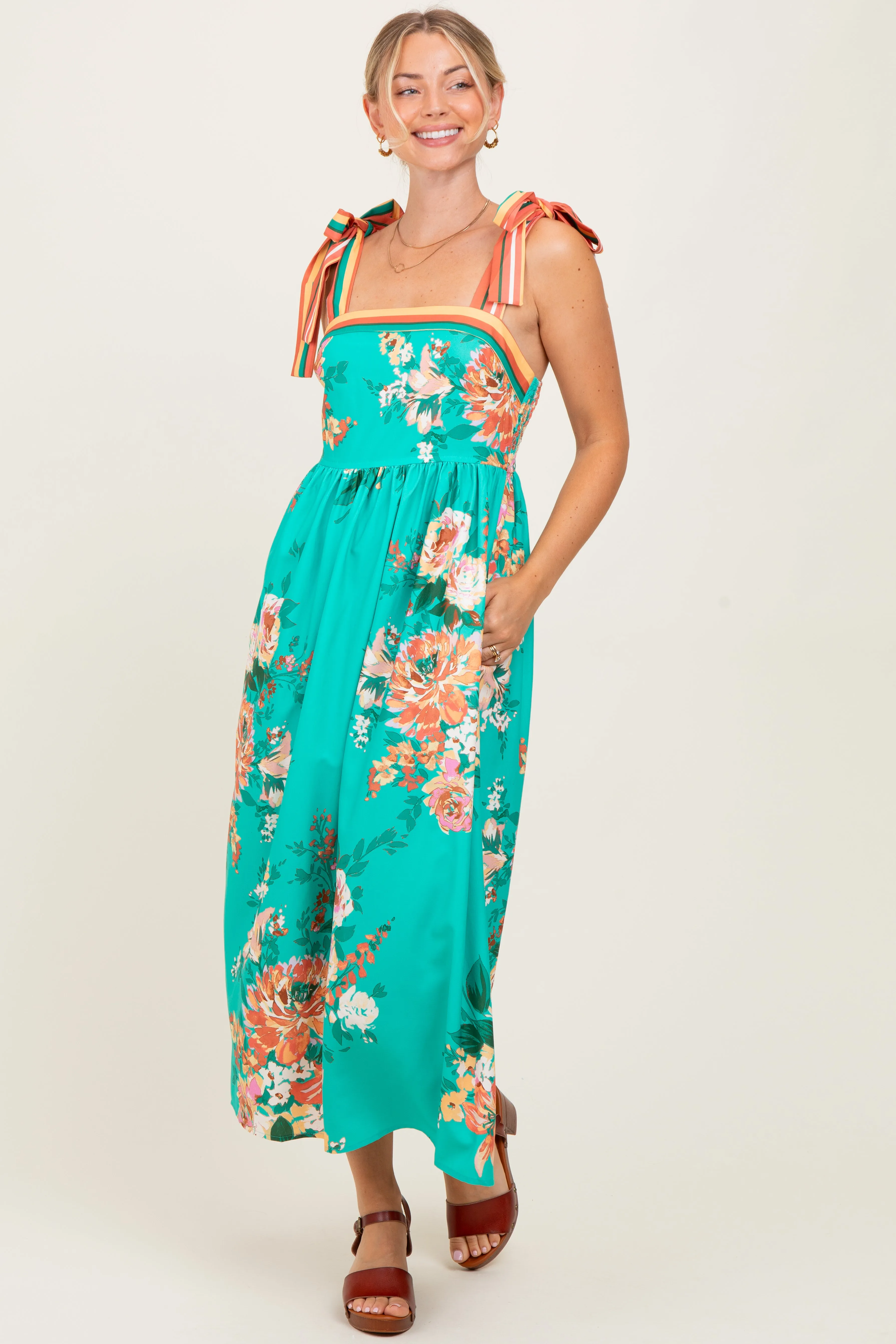 Turquoise Floral Contrast Shoulder Tie Midi Dress sold by Pinkblush
