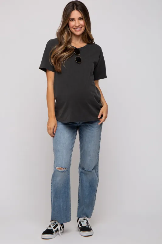 Blue Distressed Knee Straight Maternity Jeans sold by Pinkblush