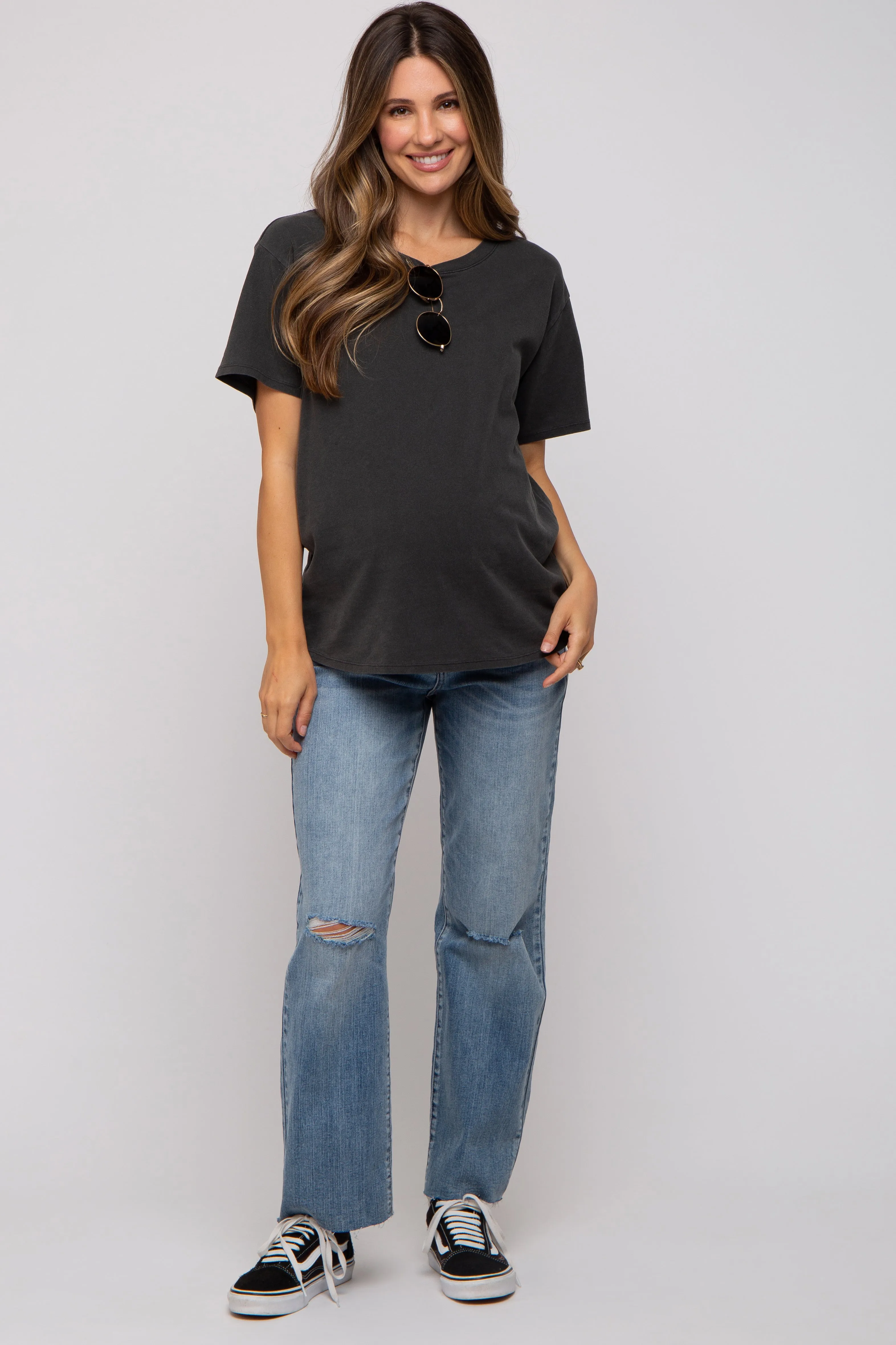 Blue Distressed Knee Straight Maternity Jeans sold by Pinkblush