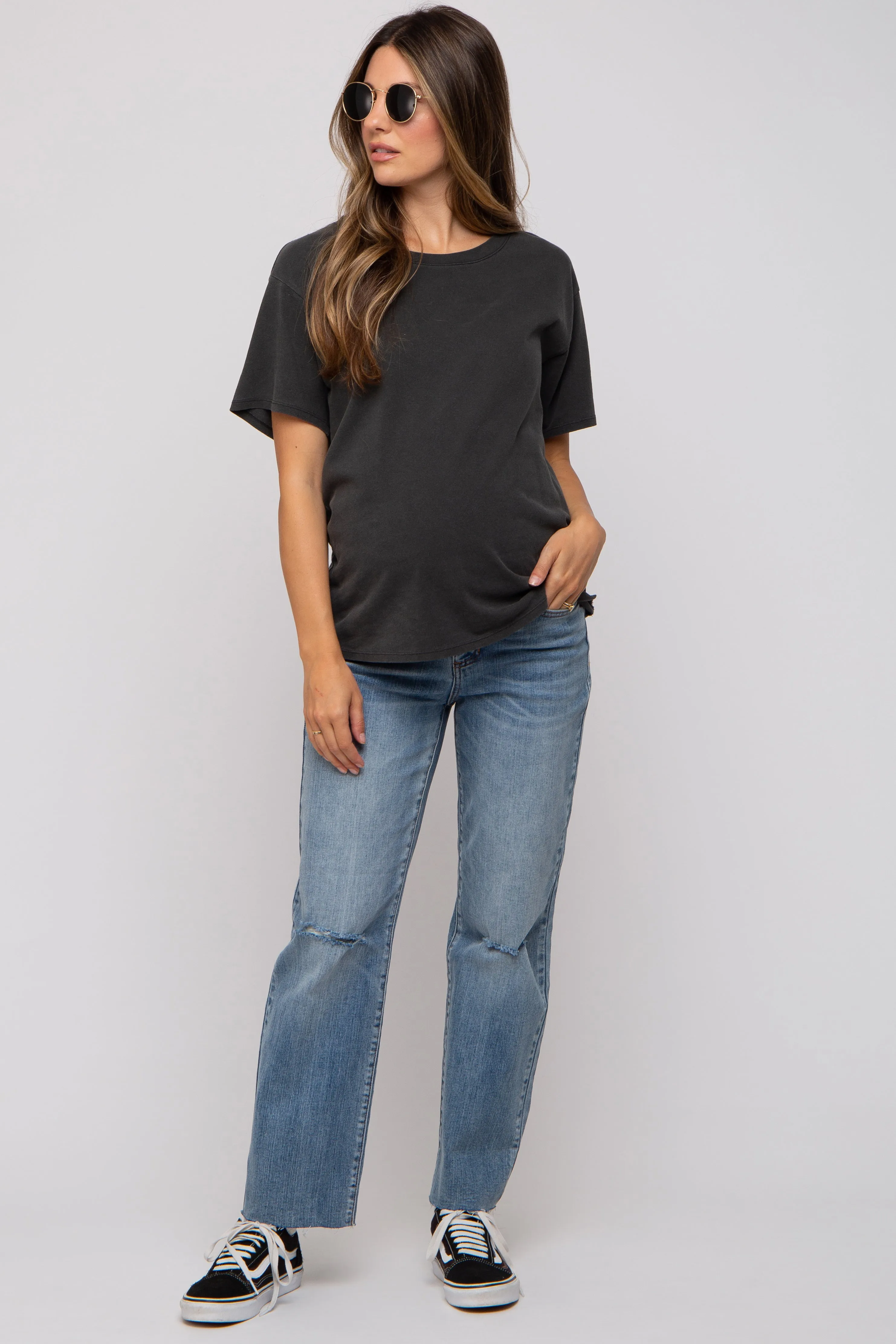 Blue Distressed Knee Straight Maternity Jeans sold by Pinkblush product image thumbnail 2