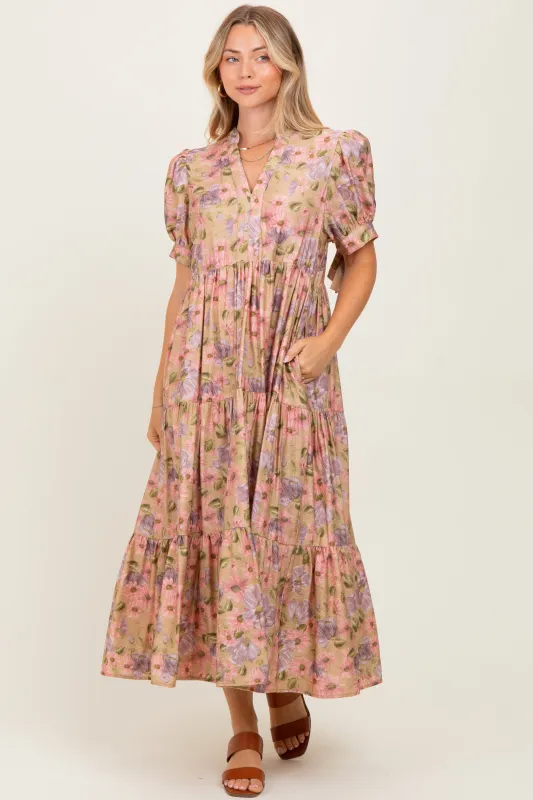 Camel Floral Tiered Puff Sleeve Midi Dress sold by Pinkblush
