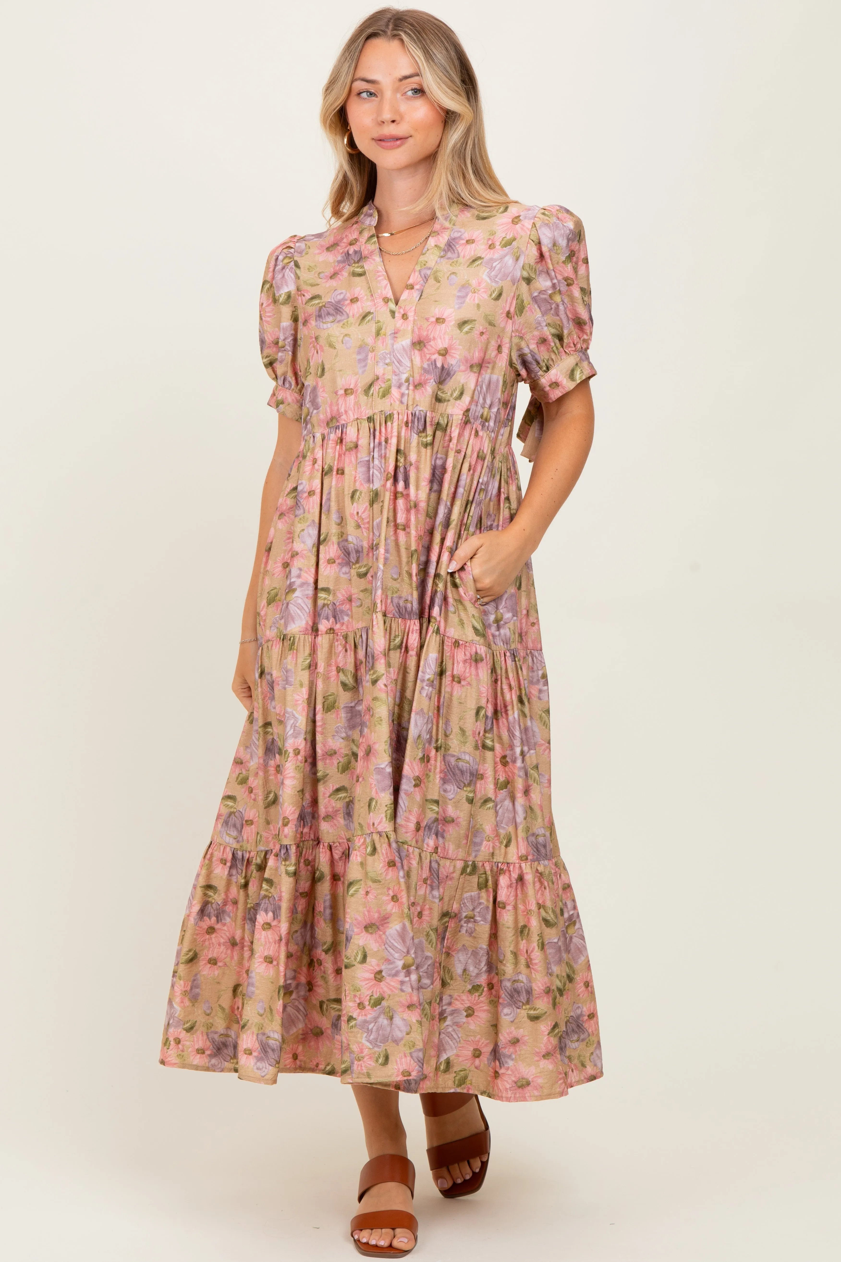Camel Floral Tiered Puff Sleeve Midi Dress sold by Pinkblush