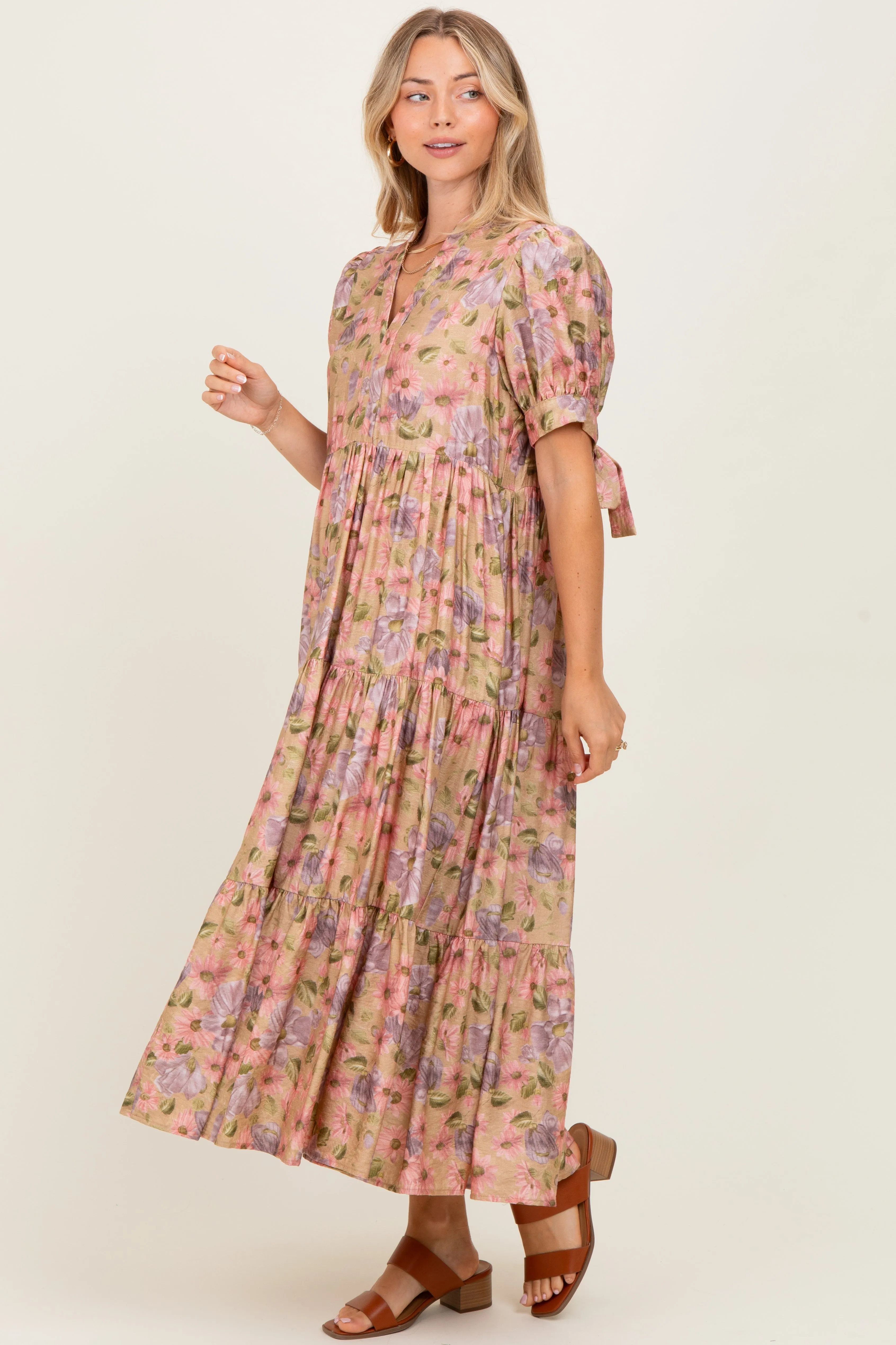 Camel Floral Tiered Puff Sleeve Midi Dress sold by Pinkblush product image thumbnail 2