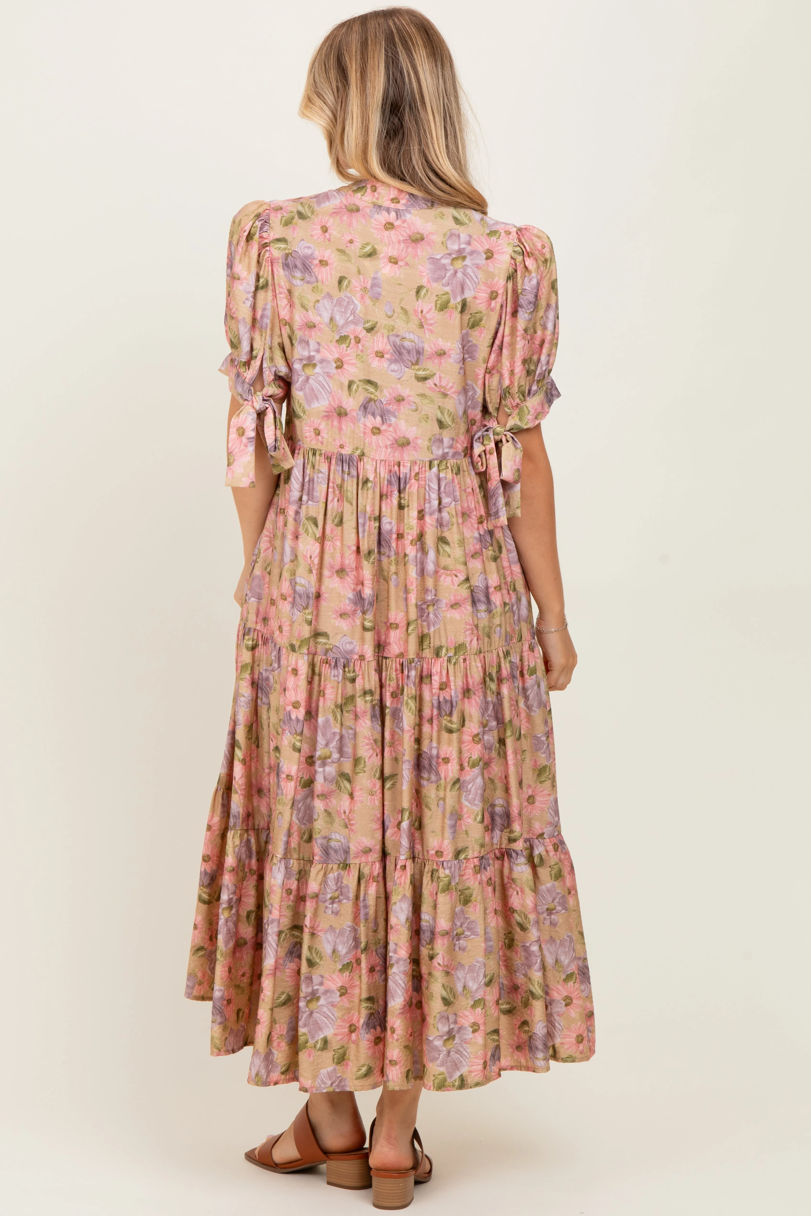 Camel Floral Tiered Puff Sleeve Midi Dress sold by Pinkblush product image thumbnail 3